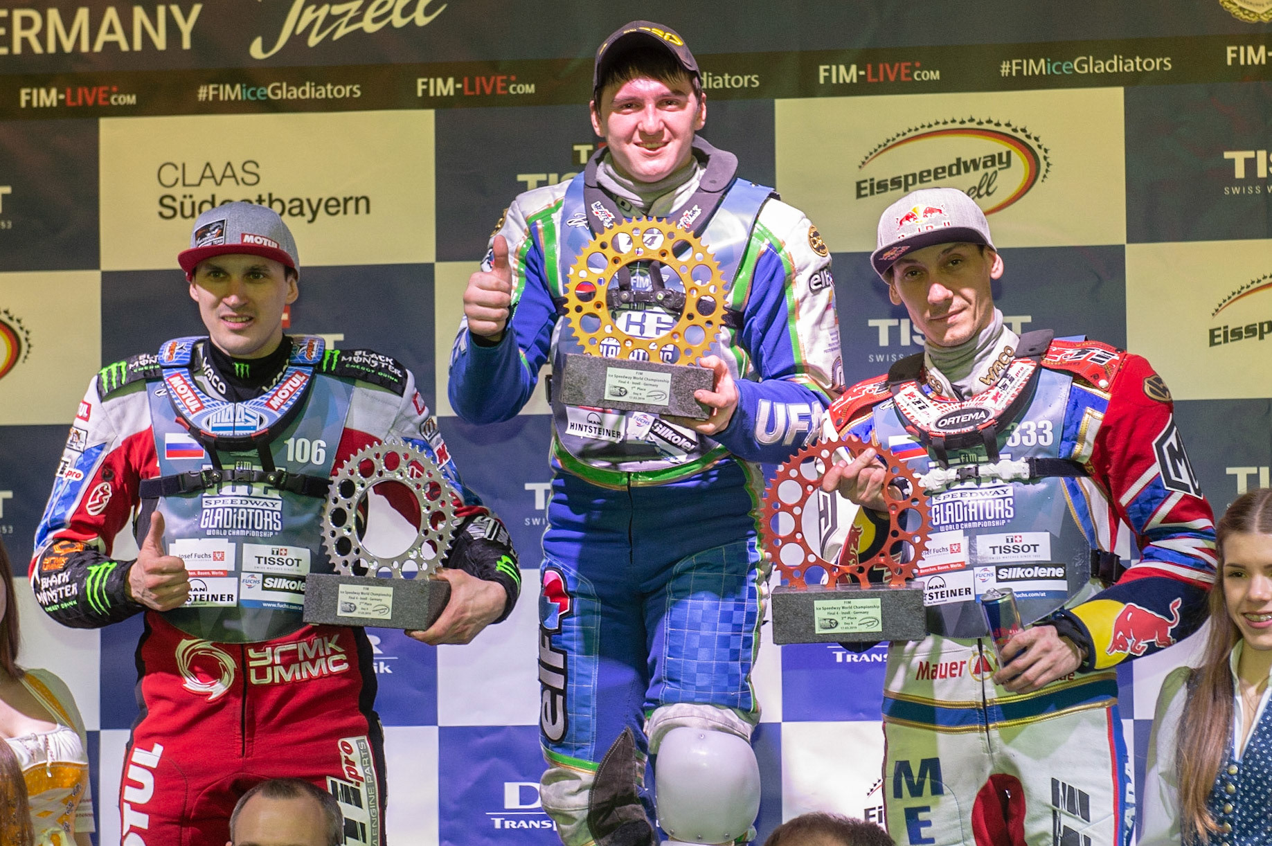 Photo: Ian Charles

Sunday Top 3: (l-r) Dmitri Koltakov (2nd) Dinar Valeev (1st) Danil Ivanov (3rd)

FIM Ice Speedway Gladiators World Championship, Event 4.2, Max-Aicher-Arena, Inzell, Germany, Sunday 17 March 2019