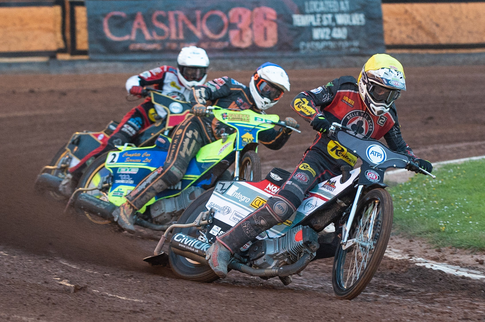 Photo by Ian Charles:

Steve Worrall  (Yellow) leads Kyle Howarth (Blue) and Max Fricke  (White)

Wolverhampton Wolves v Belle Vue Aces, British Speedway Premiership 22 April 2019
