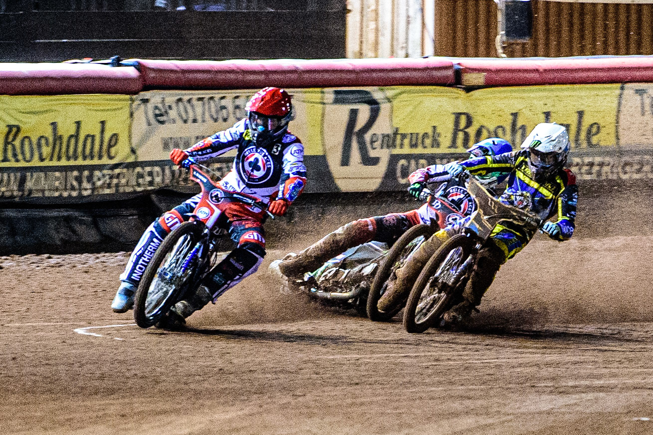Jack Holder  (White) collides with Charles Wright  (Blue) behind Matej Zagar  (Red) during the SGB Premiership Grand Final 1st leg between Belle Vue Aces and Sheffield Tigers at the National Speedway Stadium, Manchester on Monday 10th October 2022. (Credit: Ian Charles | MI News)