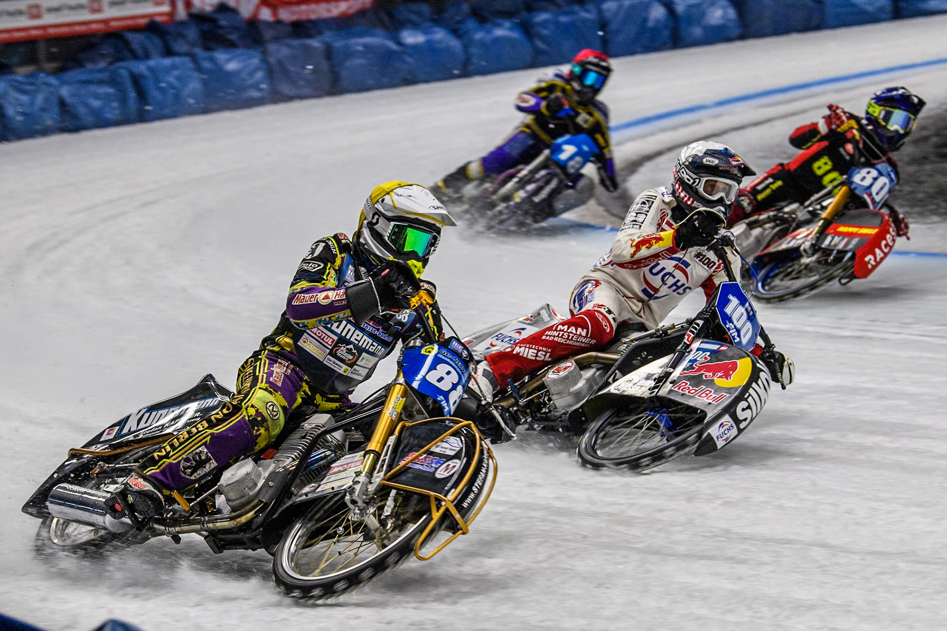 Germany's Max Niedermaier (88) (Yellow) outside Austria's Franz Zorn (100) (White) and Netherlands' Jasper Iwema (800) (Blue) with Germany's Christoph Kirchner (18) (Red) behind during the FIM Ice Speedway Gladiators World Championship Final 2 at the Max-Aicher-Arena, Inzell on Sunday 24 March 2024. (Photo: Ian Charles | MI News)