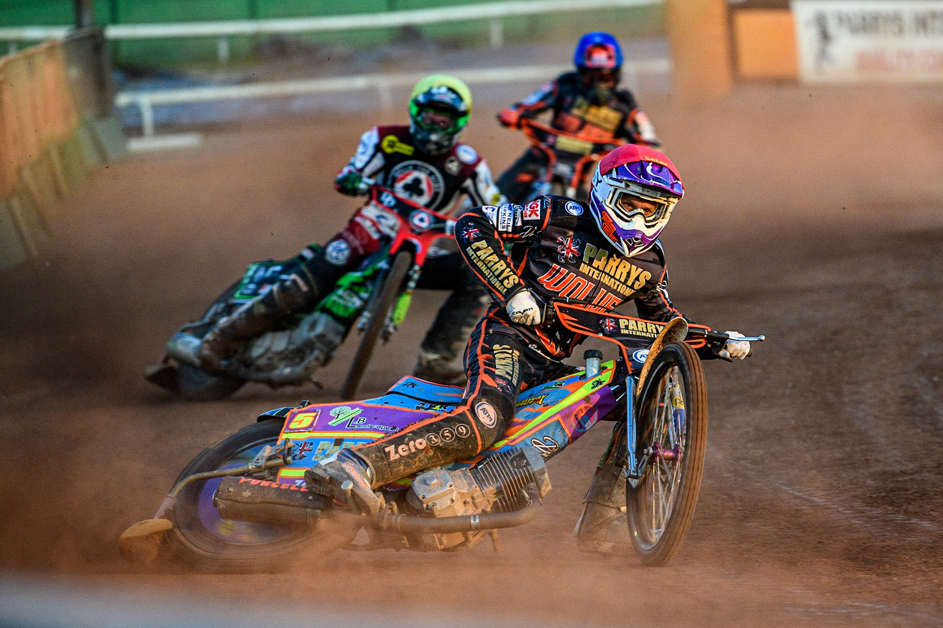 Rory Schlein (Red) leads Charles Wright (Yellow) and Zach Cook (Blue) during the Sports Insure Premiership match between Wolverhampton Wolves and Belle Vue Aces at Monmore Green Stadium, Wolverhampton on Monday 29th May 2023. (Photo: Ian Charles | MI News)