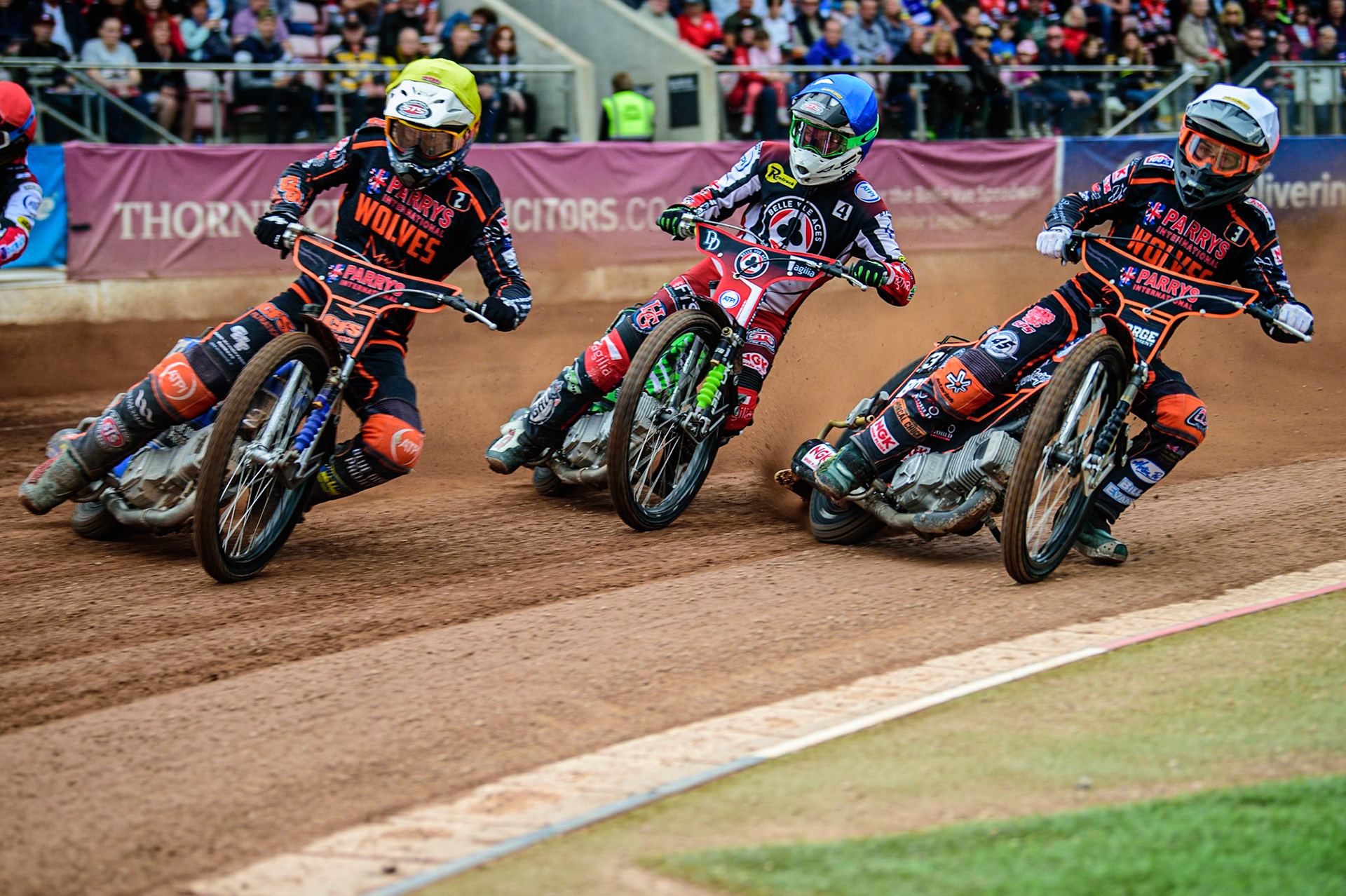 Steve Worrall  (Yellow) leads Charles Wright  (Blue) and Luke Becker  (White) during the SGB Premiership match between Belle Vue Aces and Wolverhampton Wolves at the National Speedway Stadium, Manchester on Monday 29th August 2022. (Credit: Ian Charles | MI News)