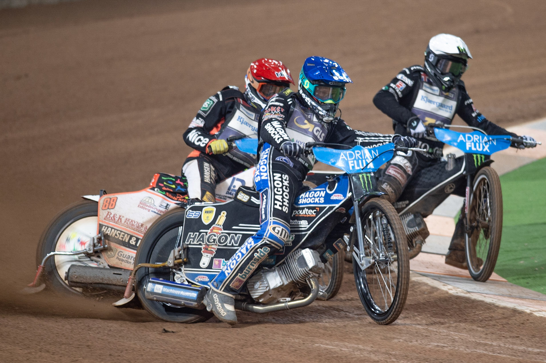 CARDIFF,WALES Jason Doyle (Blue) leads Niels-Kristian Iversen (Red) and Tai Woffinden (White) during the ADRIAN FLUX BRITISH FIM SPEEDWAY GRAND PRIX at the Principality Stadium, Cardiff on Saturday 21st September 2019. (Credit: Ian Charles | MI News)