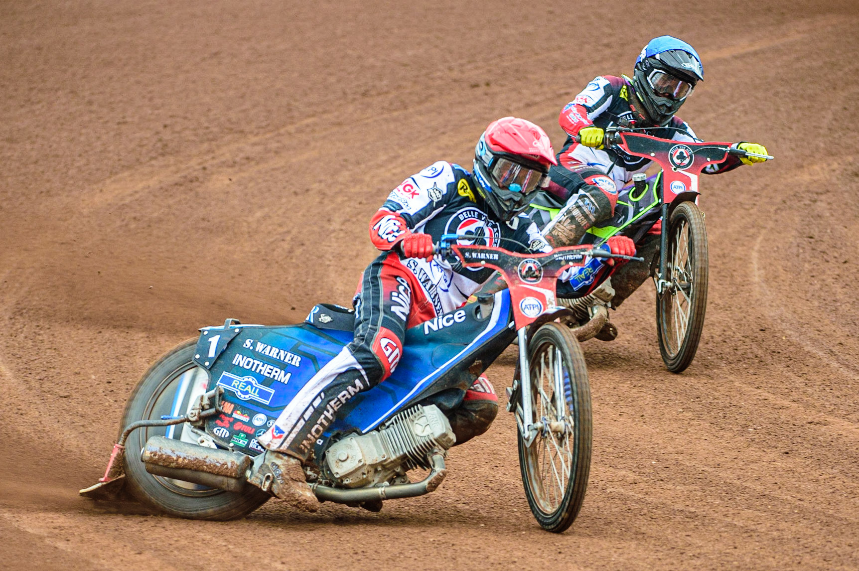 Matej Zagar  (Red) leads team mate Tom Brennan  (Blue) during the SGB Premiership match between Belle Vue Aces and Wolverhampton Wolves at the National Speedway Stadium, Manchester on Monday 29th August 2022. (Credit: Ian Charles | MI News)
