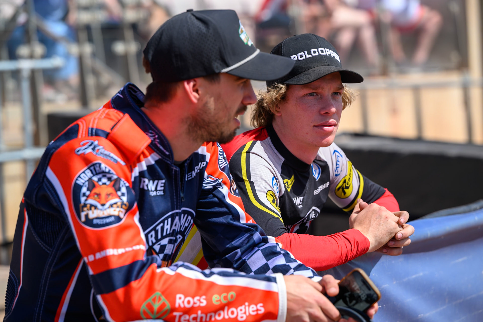 Kye Thomson, Guest Rider for Belle Vue Aces (Left) chats with Tate Zischke of Belle Vue Aces during the Rowe Motor Oil Premiership match between Belle Vue Aces and Sheffield Tigers at the National Speedway Stadium, Manchester on Monday 25th May 2026. (Photo: Ian Charles | MI News)