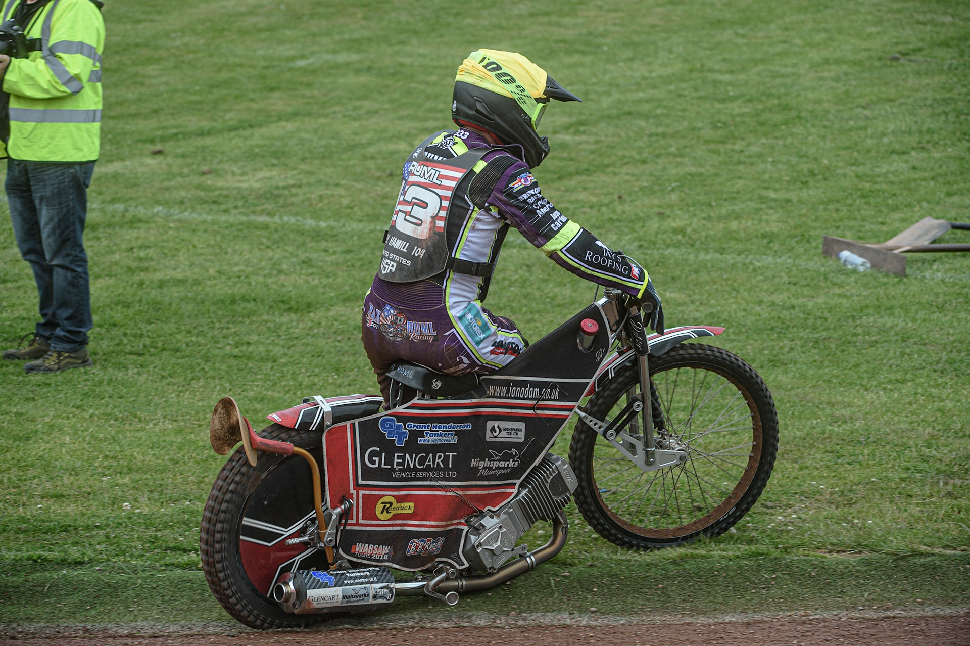 GLASGOW, UK. JUNE 19TH.  Max Ruml (USA) pulls on the centre after his fall during the FIM Speedway Grand Prix Qualifying Round at the Peugeot Ashfield Stadium, Glasgow on Saturday 19th June 2021. (Credit: Ian Charles | MI News)