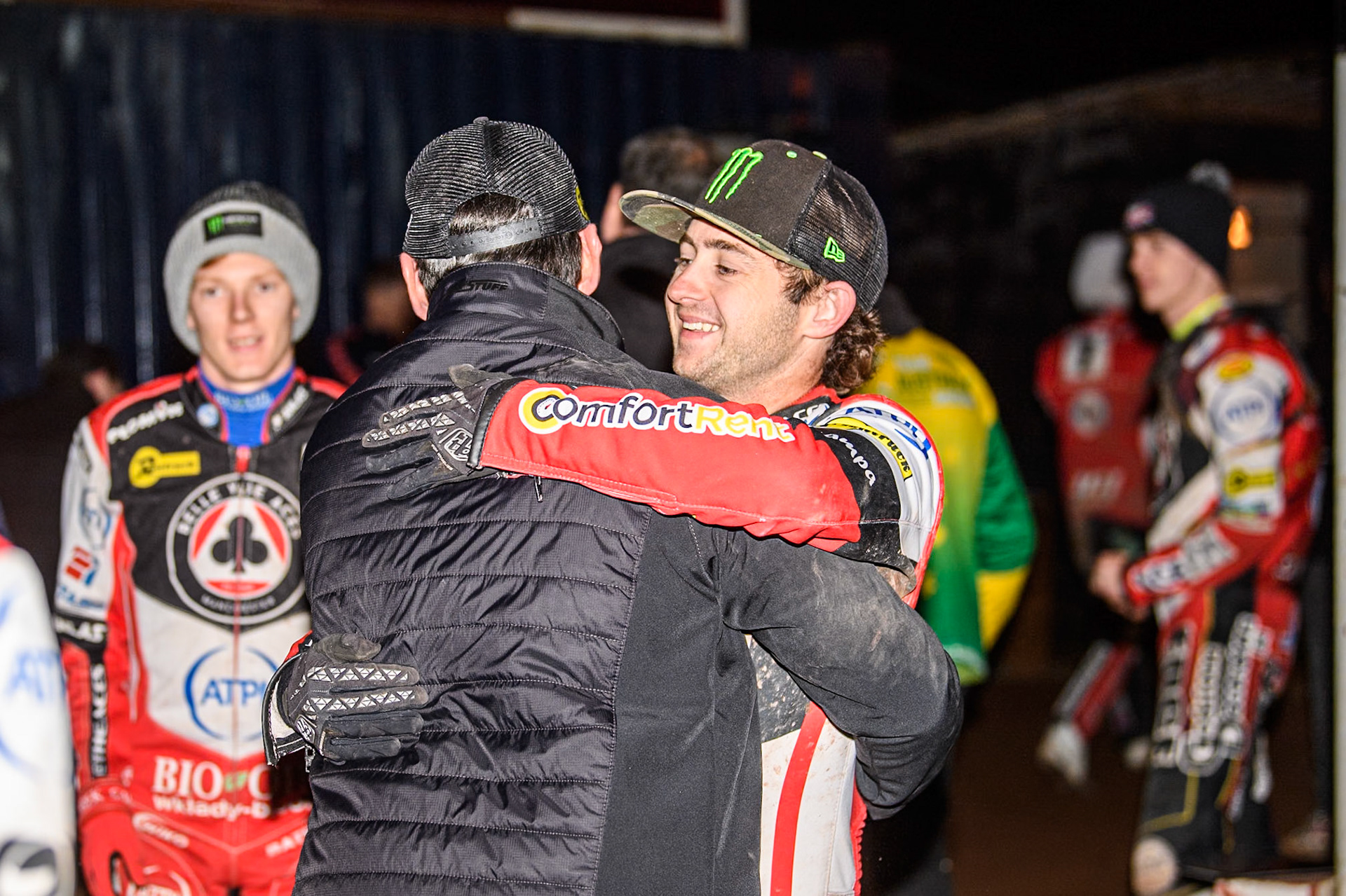 Belle Vue Aces' Team Manager Mark Lemon and Belle Vue Aces' Jaimon Lidsey hug in celebration during the Rowe Motor Oil Premiership Grand Final 2nd Leg between Leicester Lions and Belle Vue Aces at the Pidcock Motorcycles Arena, Leicester on Thursday 26th September 2024. (Photo: Ian Charles | MI News)