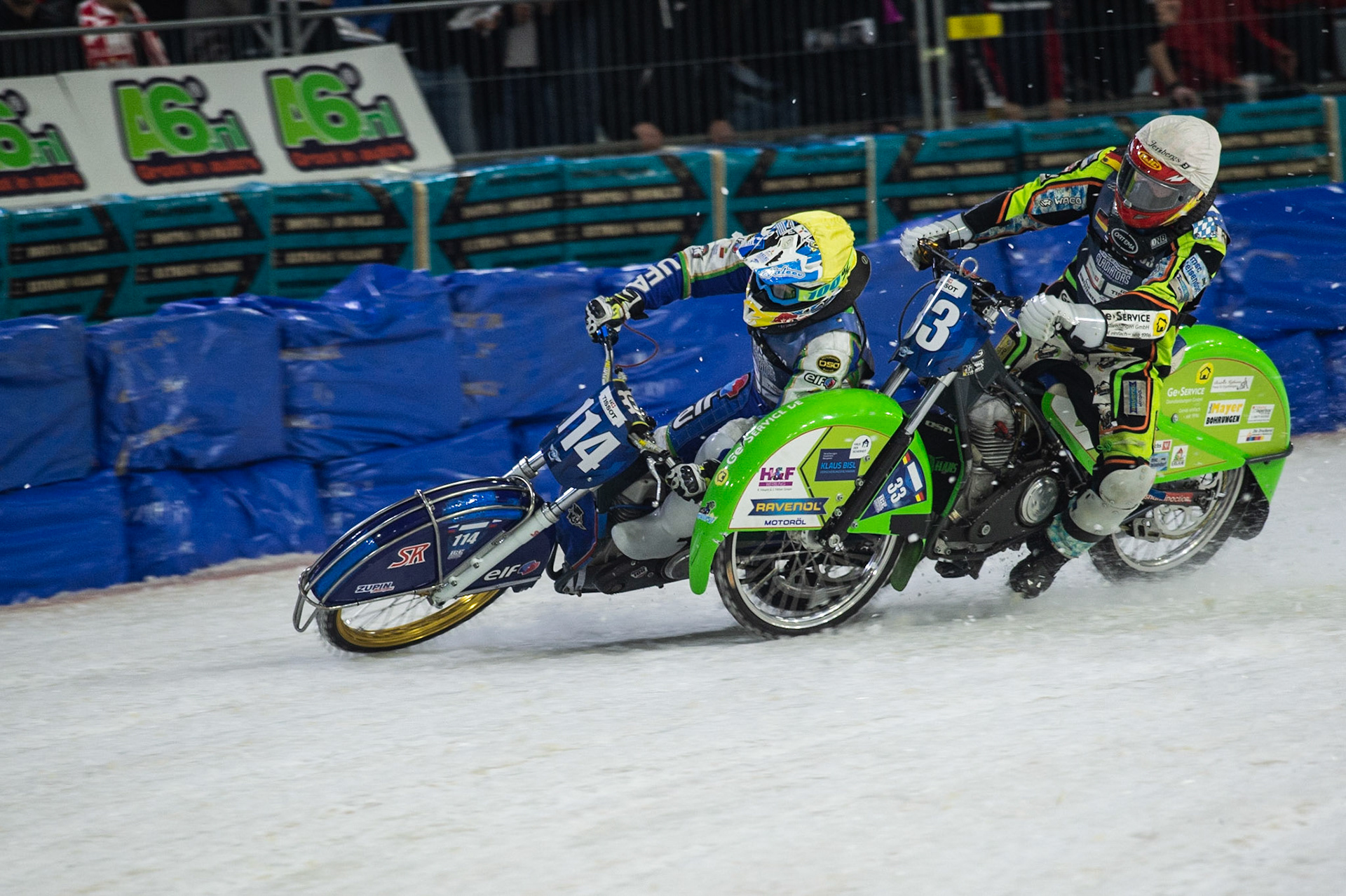 Photo: Ian Charles

Johann Weber (33) and Dinar Valeev (114) lock together and crash out 

FIM Ice Speedway Gladiators World Championship, Event 5.1, Ice Rink Thialf, Heerenveen, Netherlands Saturday  30  March  2019