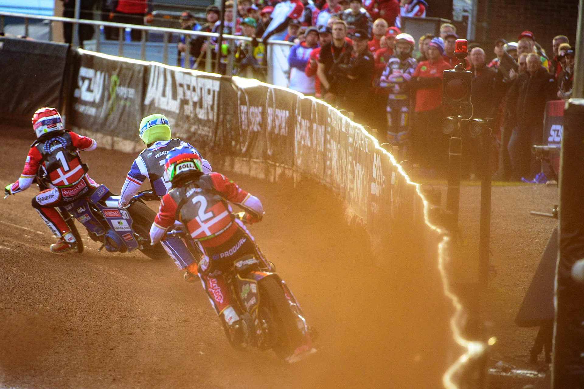 MANCHESTER, UK. OCT 16TH Mikkel Michelsen of Denmark (Blue) chases Dmitri Berge of France (Yellow) and Leon Madsen of Denmark (Red) during the Monster Energy FIM Speedway of Nations at the National Speedway Stadium, Manchester on Saturday  16th October 2021. (Credit: Ian Charles | MI News)