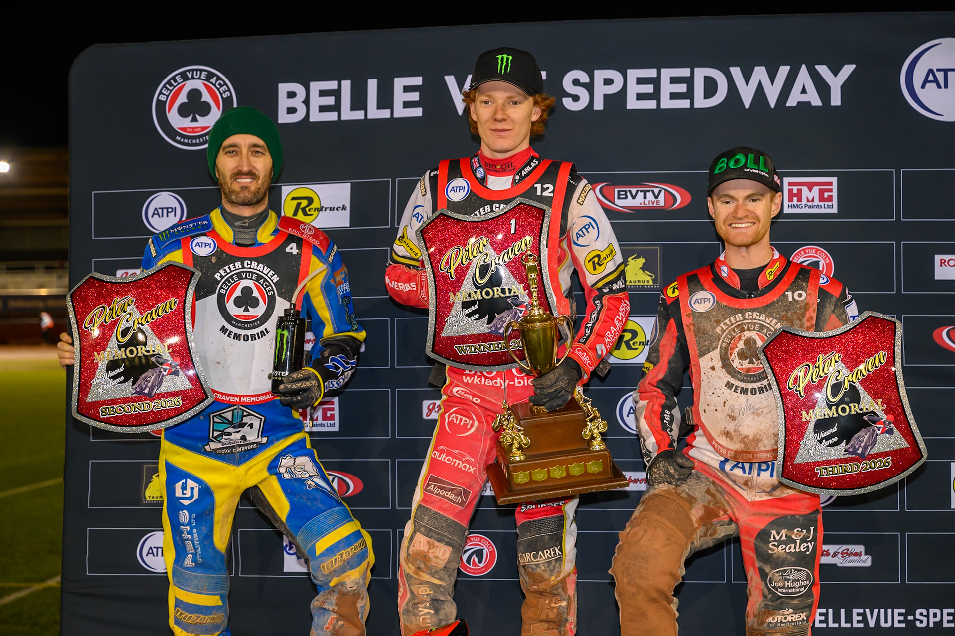 Top3: (L to R) Adam Ellis of Great Britain (3rd), Dan Bewley of Great Britain  (Winner), Brady Kurtz of Australia  (3rd) during the Peter Craven Memorial Trophy at the National Speedway Stadium, Manchester, on Monday 16th March 2026. (Photo: Ian Charles | MI News)