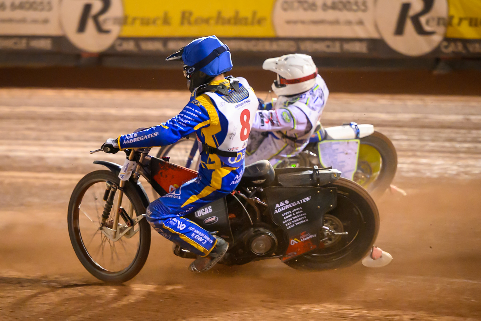 Dan Thompson (8) in Blue rides inside Chris Harris (15) in White during the Cab Direct British Speedway Championship Final at the National Speedway Stadium, Manchester on Saturday 15th August 2026. (Photo: Ian Charles | MI News)