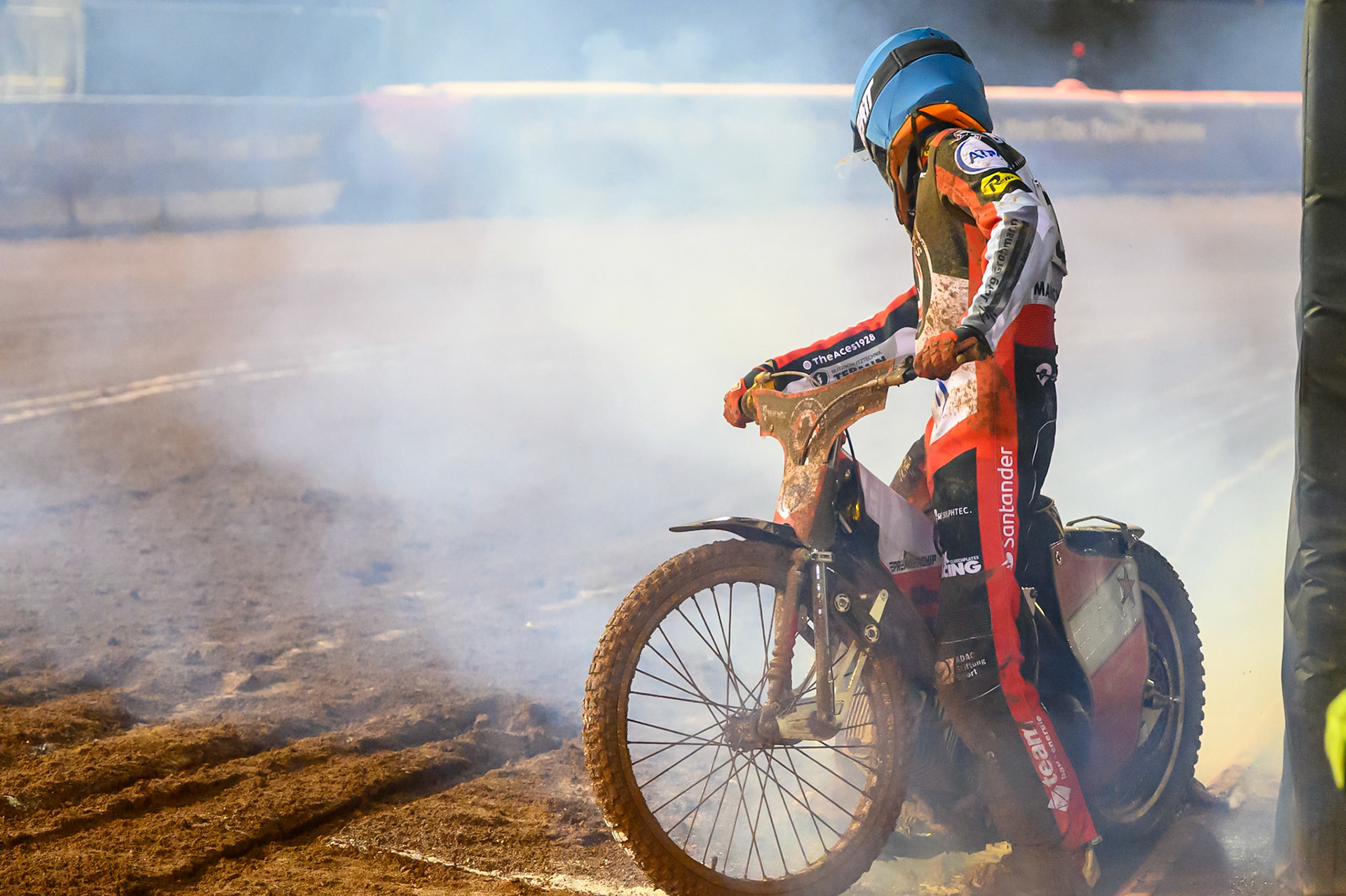 Norick Blodorn of Belle Vue Aces  celebrates with a burnout on the home straight during the Rowe Motor Oil Premiership Grand Final 2nd Leg between Belle Vue Aces and Sheffield Tigers at the National Speedway Stadium, Manchester on Friday 16th October 2026. (Photo: Ian Charles | MI News)
