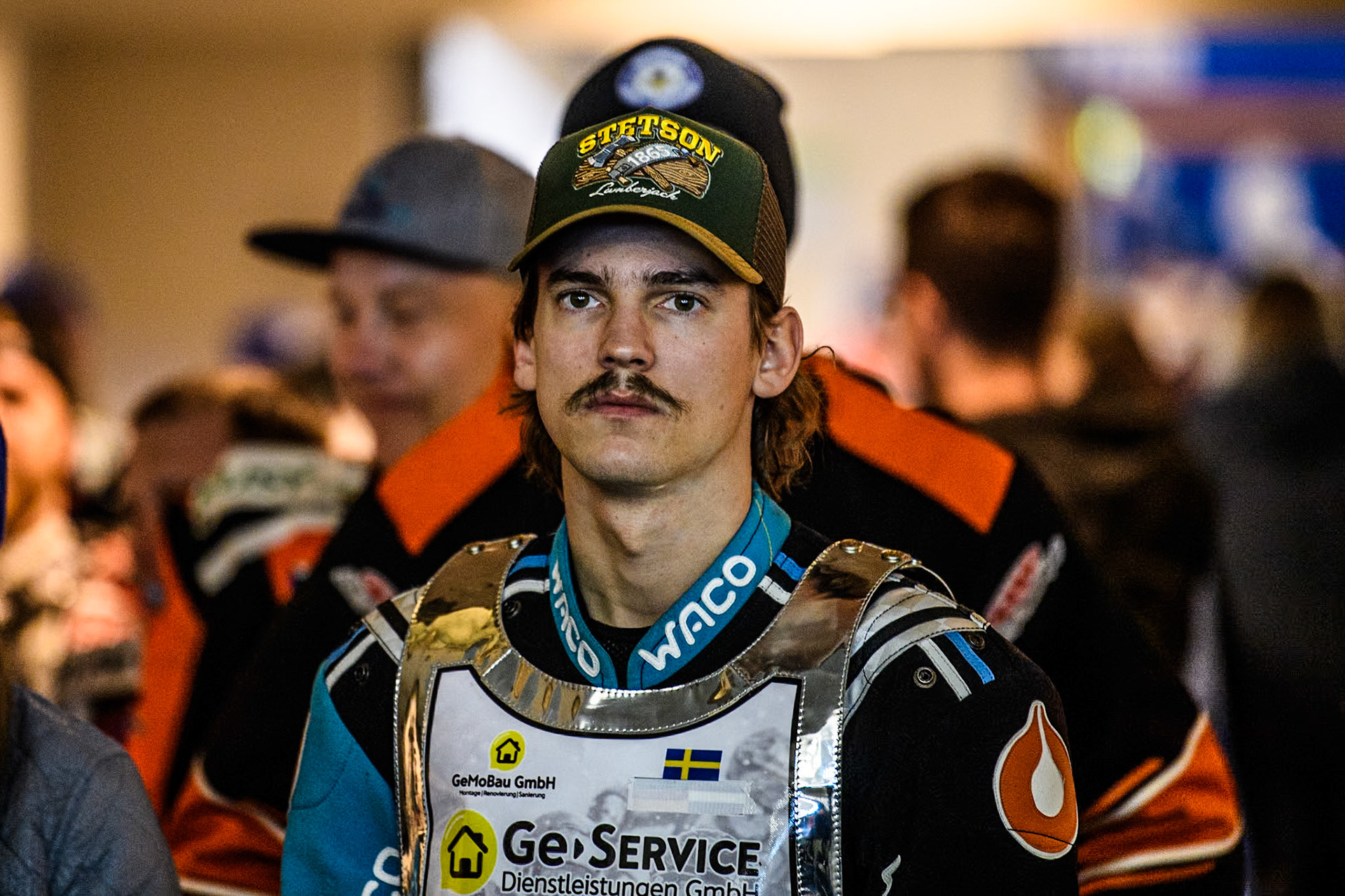 Sweden's Filip Jäger (17) waits to go out for the parade during the FIM Ice Speedway Gladiators World Championship Final 4 at Ice Rink Thialf, Heerenveen on Sunday 7th April 2024. (Photo: Ian Charles | MI News)