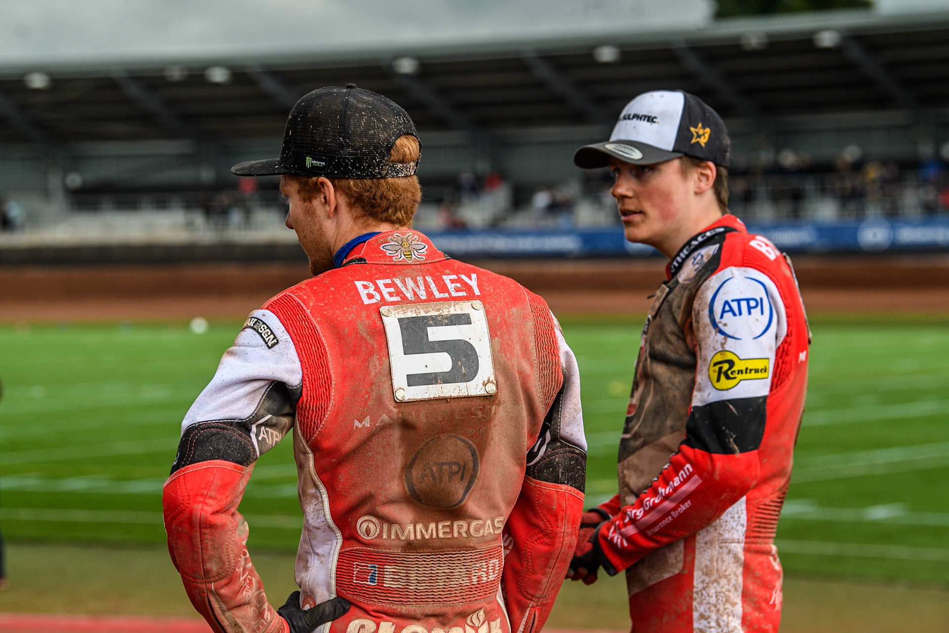 Belle Vue Aces' Dan Bewley leading and Belle Vue Aces' Norick Blodorn during the Rowe Motor Oil Premiership match between Belle Vue Aces and Sheffield Tigers at the National Speedway Stadium, Manchester on Monday 27th May 2024. (Photo: Ian Charles | MI News)