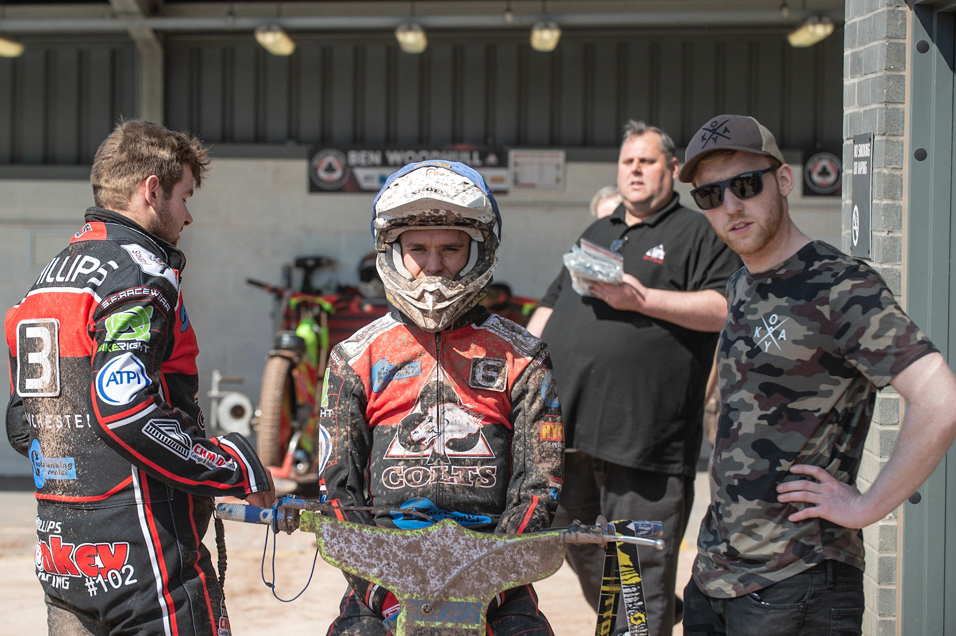 Photo: Ian Charles

Danny Phillips (left) tries to talk to Ben Rathbone (centre) as he and Paul Bowen pose for the camera

Belle Vue Colts v Stoke Potters, National League, Belle Vue National Speedway Stadium, Manchester, Friday 19  April  2019