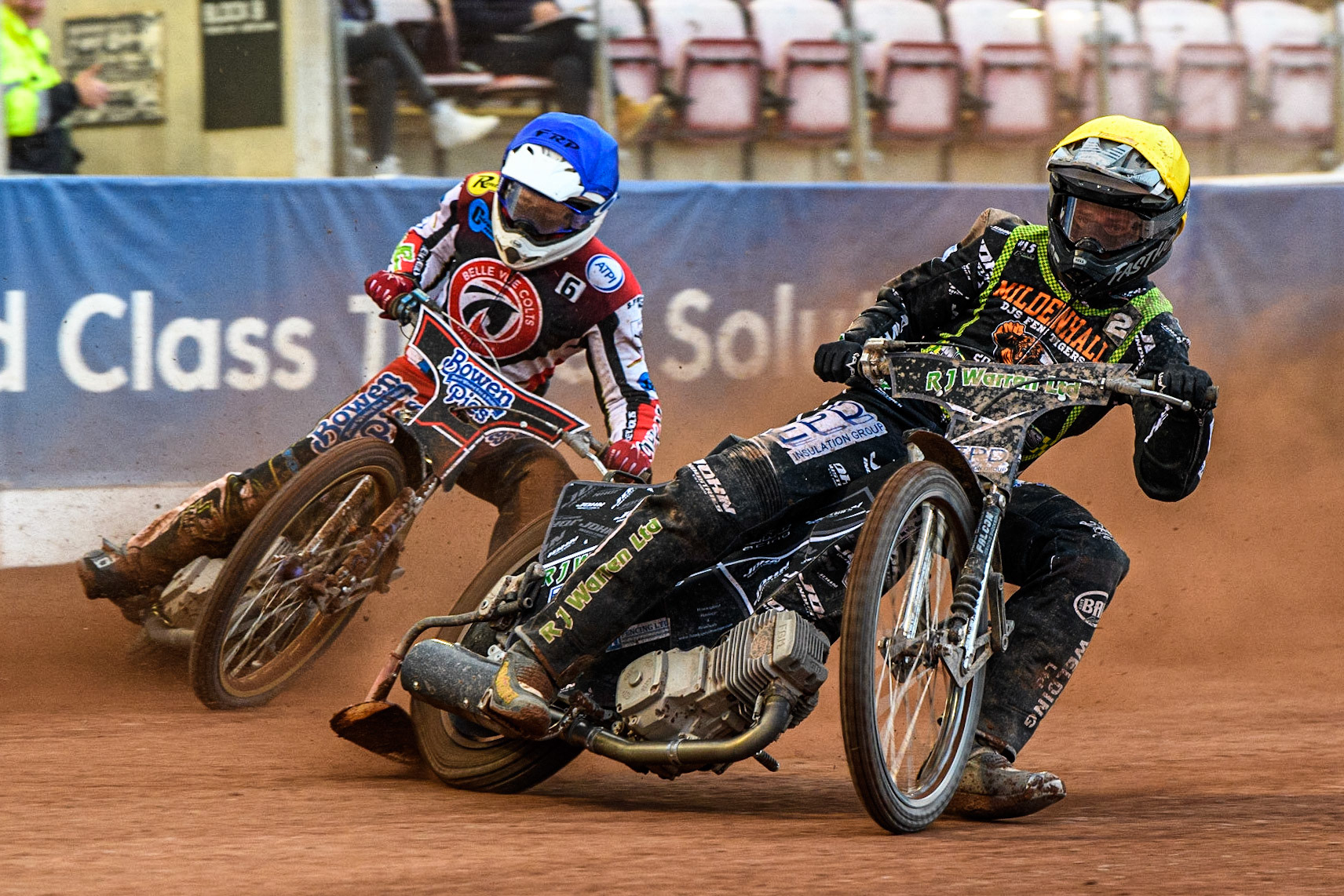 Josh Warren (Yellow) leads Paul Bowen (Blue) during the National Development League match between Belle Vue Colts and Mildenhall Fens Tigers at the National Speedway Stadium, Manchester on Friday 26th May 2023. (Photo: Ian Charles | MI News)