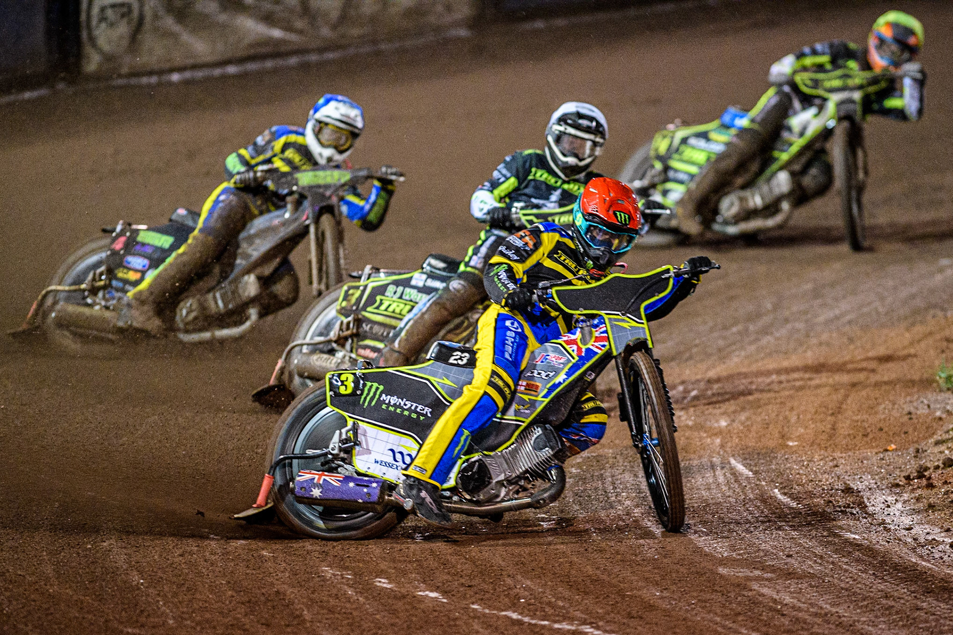 \sh3\ (Red) leads  Danny King (White), Josh Pickering (Blue) and Keynan Rew (Yellow) during the Sports Insure Premiership Grand Final Second Leg match between Sheffield Tigers and Ipswich Witches at Owlerton Stadium, Sheffield on Thursday 5th October 2023. (Photo: Ian Charles | MI News)