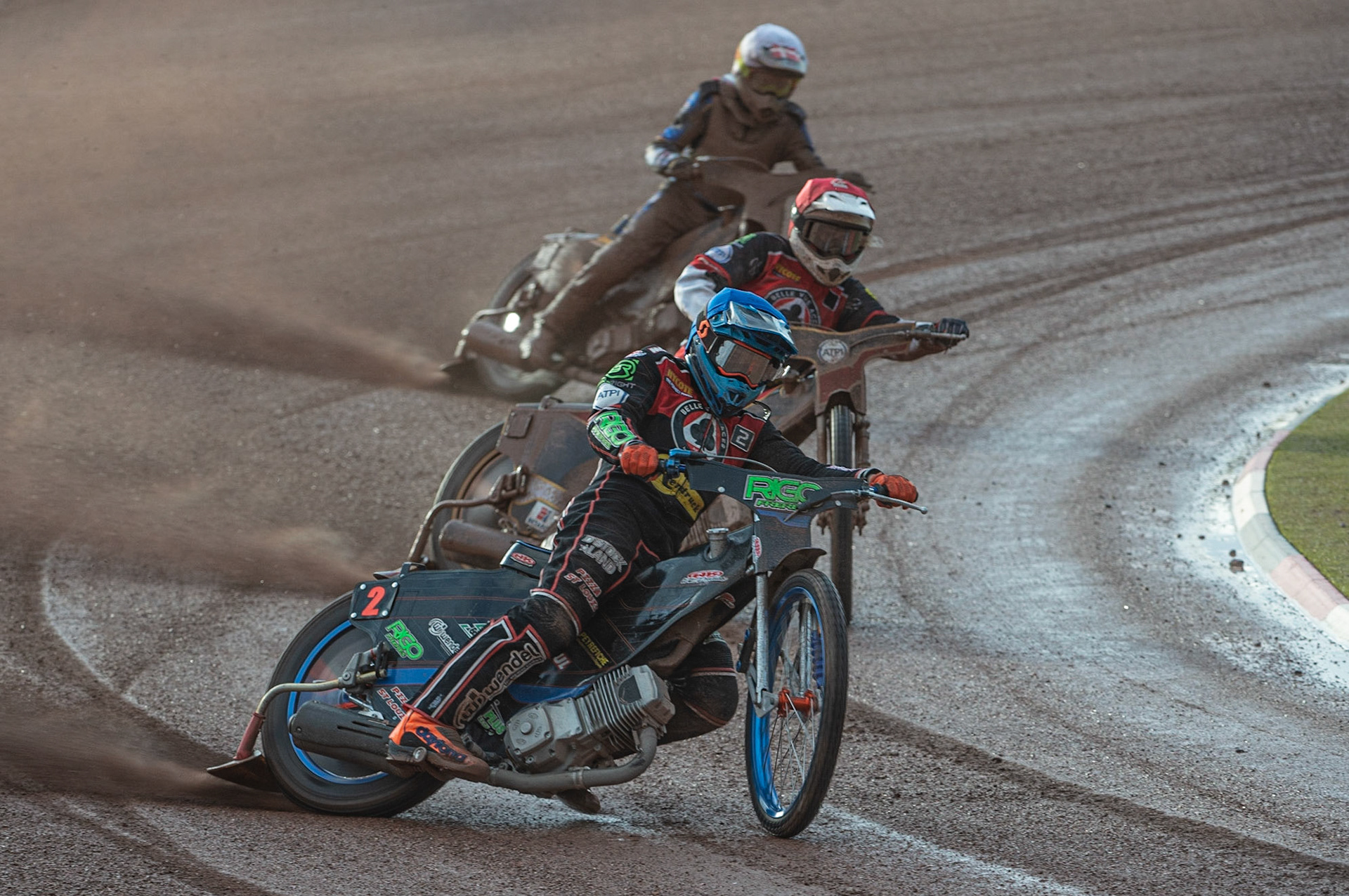 Photo by Ian Charles:

Dimitri Berge  (Blue) leads Max Fricke  (Red) and Michael Palm Toft  (White)

Belle Vue Aces v Peterborough Panthers, British Speedway Premiership, National Speedway Stadium, Manchester, Thursday, 13, June, 2019