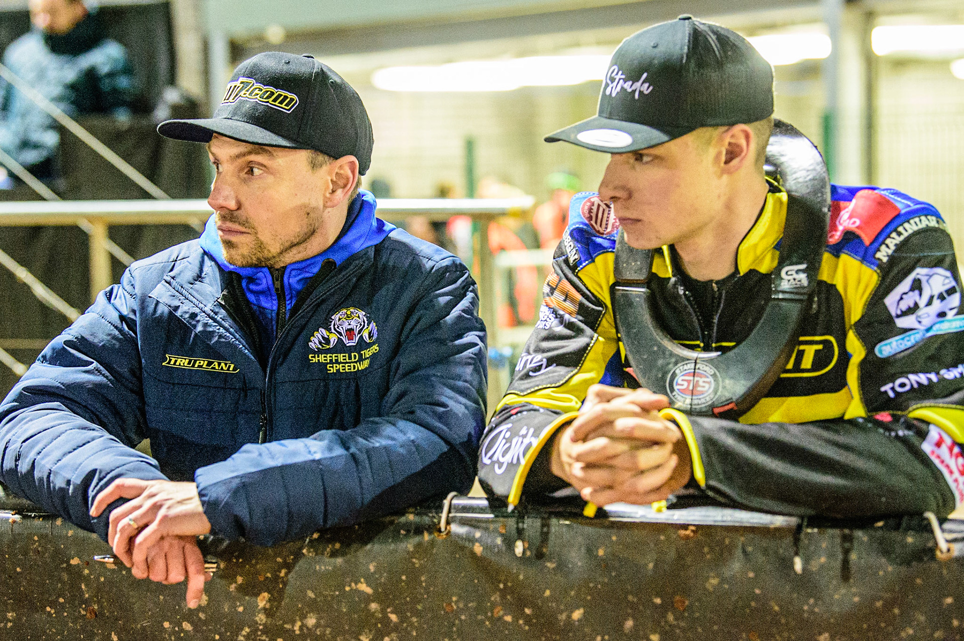 Simon Stead (left) with Tobiasz Musielak  during the SGB Premiership match between Belle Vue Aces and Sheffield Tigers at the National Speedway Stadium, Manchester on Monday 27th March 2023. (Photo: Ian Charles | MI News)