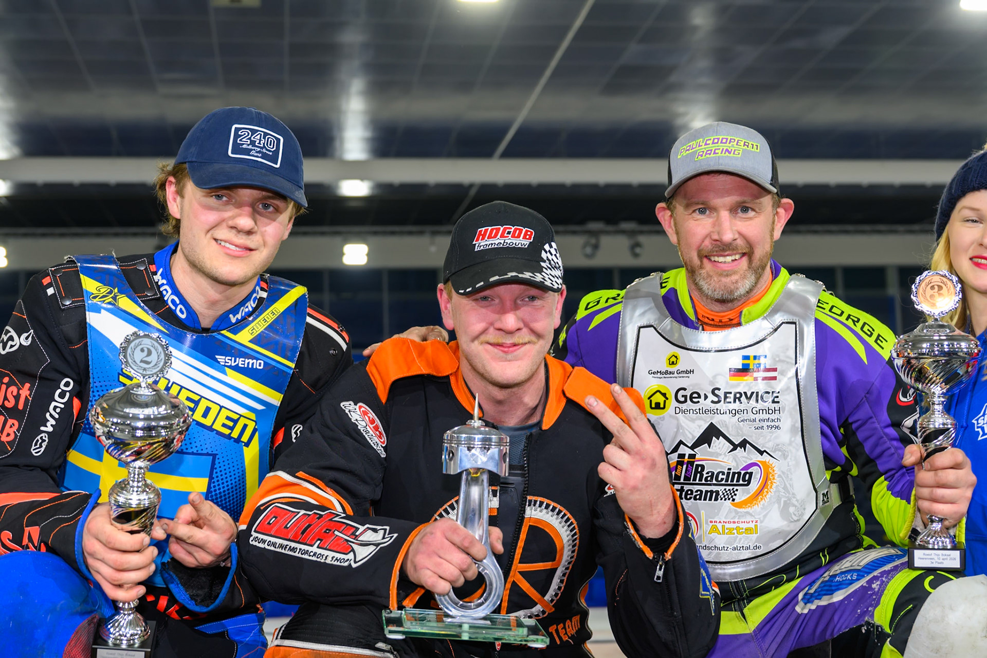 Top 3: Melwin Björklin of Sweden (2nd), Sebastian Reitsma of The Netherlands (1st) Paul Cooper of Great Britain (3rd) during the ROELOF THIJS BOKAAL at Ice Rink Thialf, Heerenveen on Friday 10th April 2026.  (Photo: Ian Charles | MI News)