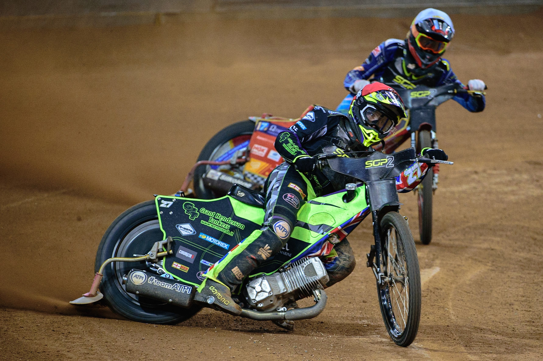 Tom Brennan (Great Britain)  (Red) leads Drew Kemp (Great Britain)  (White) during the FIM  Speedway Grand Prix  2 of Great Britain at the Principality Stadium, Cardiff on Sunday 14th August 2022. (Credit: Ian Charles | MI News)