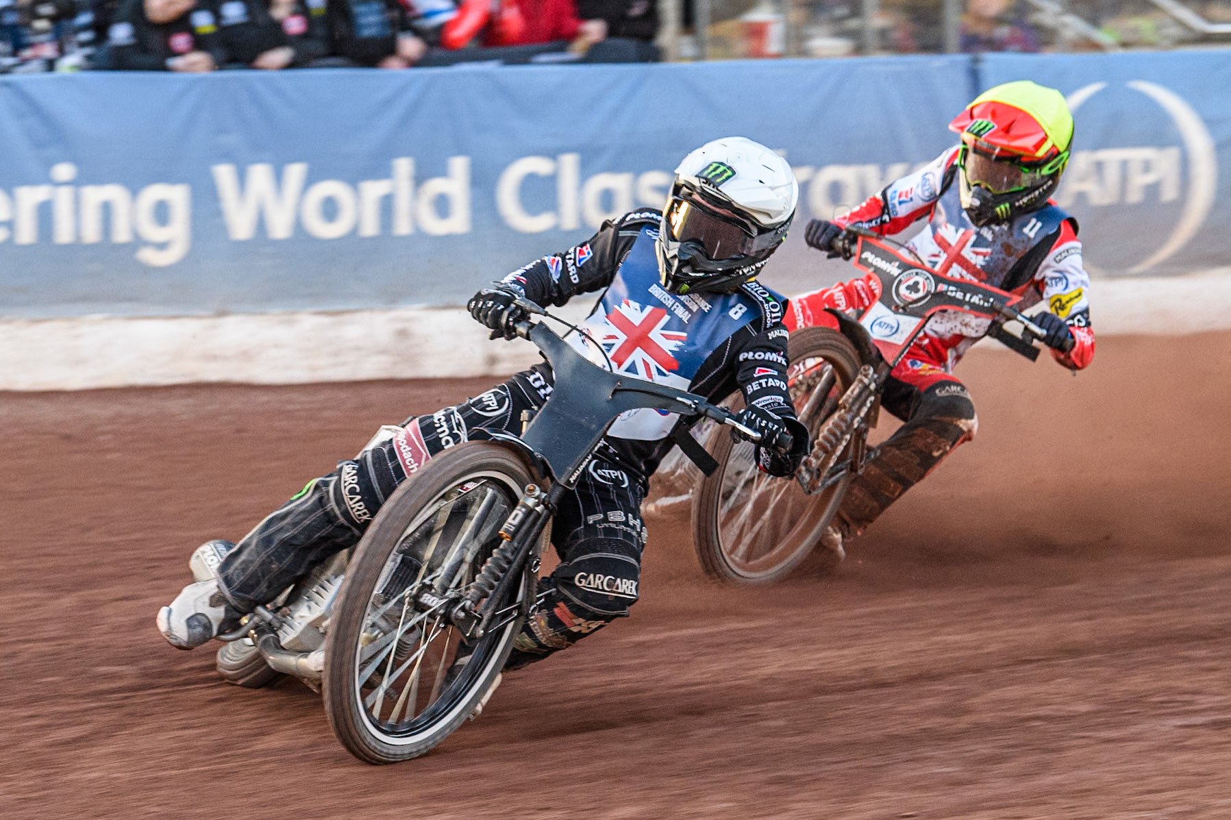 Tai Woffinden in White leading Dan Bewley in Yellow during the Attis Insurance Sports Division British Speedway Championship Final at the National Speedway Stadium, Manchester on Saturday 8th June 2024. (Photo: Ian Charles | MI News)