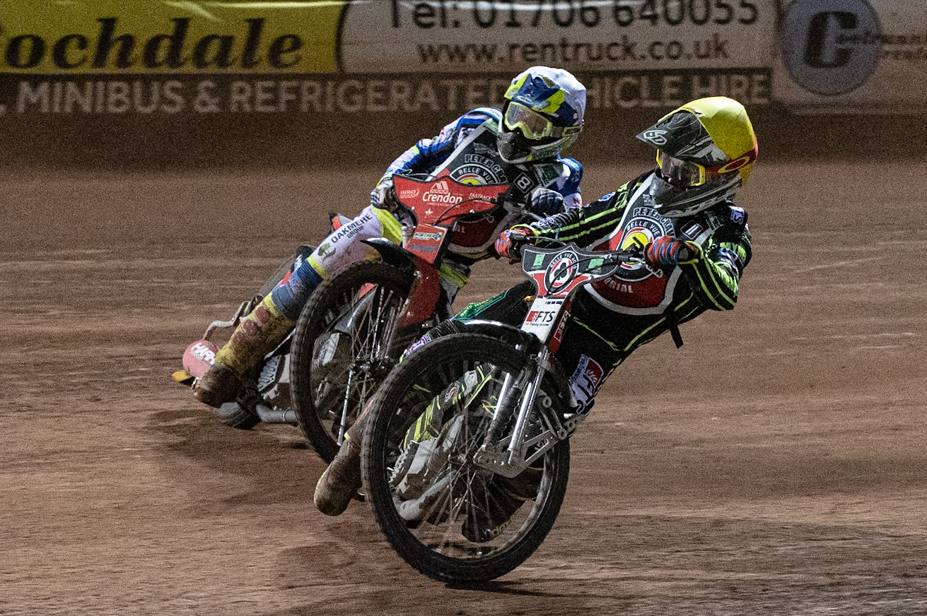 Photo: Ian CharlesJye Etheridge (Yellow) inside Chris Harris (White)Peter Craven Memorial Trophy, National Speedway Stadium, Manchester Thursday  22  October  2020