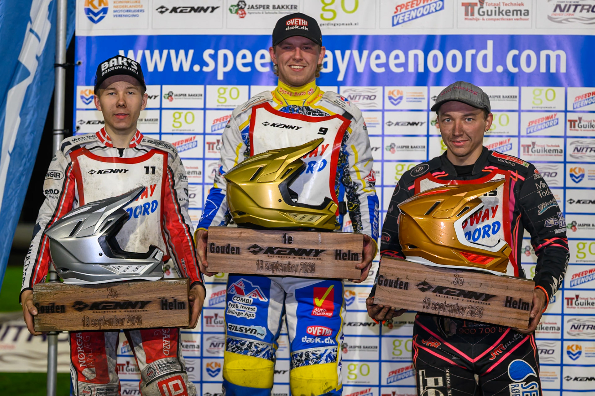 TOP3: (L to R) Jacob D. Jensen of Denmark  (2nd), Rasmus Pedersen of Denmark (Winner), Glenn Moi of Norway (3rd) during the Gouden KENNY Helm at Speedway Veenoord, Veenoord in the Netherlands on Saturday 19th September 2026. (Photo: Ian Charles | MI News)