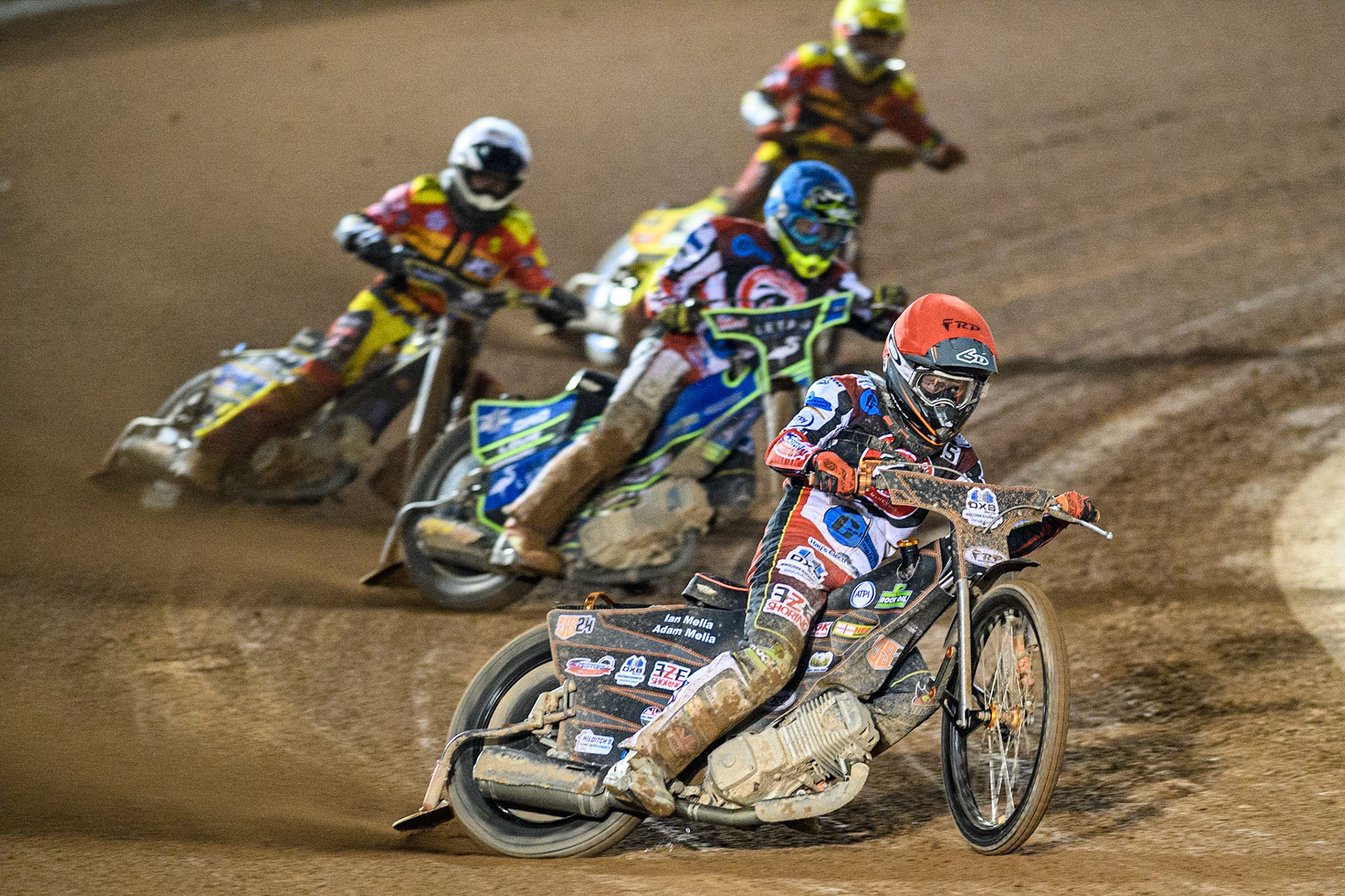 Jack Smith (Red) leads  Luke Muff (Blue), Joe Thompson (White) and Max James (Yellow) during the National Development League match between Belle Vue Colts and Leicester Lion Cubs at the National Speedway Stadium, Manchester on Friday 8th September 2023. (Photo: Ian Charles | MI News)
