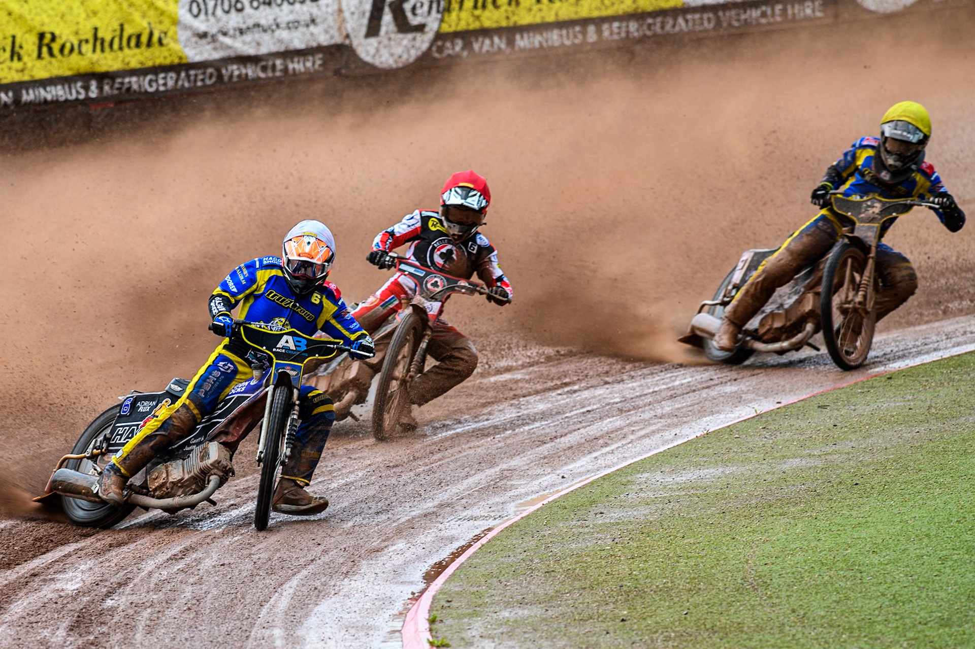 Sheffield Tigers' Jason Edwards in White leading \bv56\ in Red and Sheffield Tigers' Dan Gilkes in Yellow during the Rowe Motor Oil Premiership match between Belle Vue Aces and Sheffield Tigers at the National Speedway Stadium, Manchester on Monday 27th May 2024. (Photo: Ian Charles | MI News)