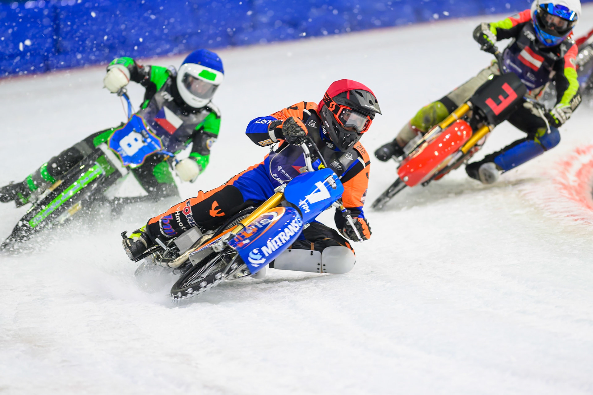 Lukáš Hutla (7) of Czechia in Red leading Andrej Diviš (8) of Czechia  in Blue and Harald Simon (3) of Austria   in White in the re-run of heat 8 during the FIM Ice Speedway Of Nations at Ice Rink Thialf, Heerenveen on Sunday 12th April 2026. (Photo: Ian Charles | MI News)