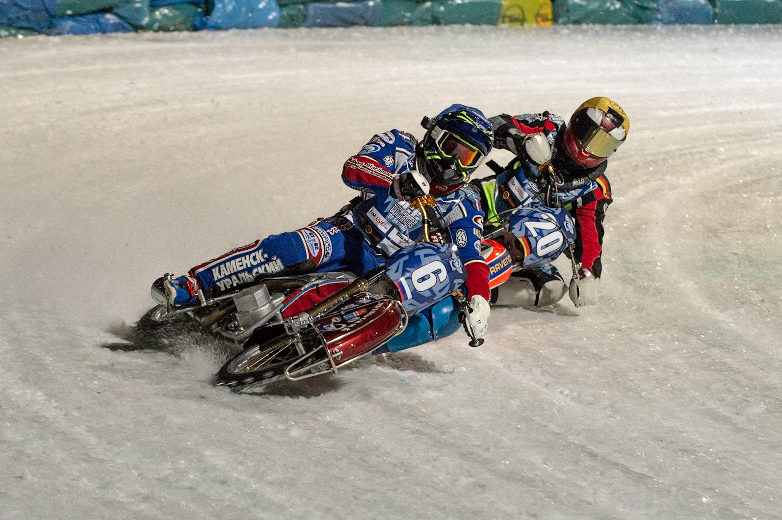 BERLIN GERMANY  - February 29  Dmitri Khomitsevich (Blue) leads Johan Weber (Yellow)  during theIce Speedway of Nations (Day 1) at the Horst-Dohm-Eisstadion, Berlin,  on Saturday 29 February 2020. (Credit: Ian Charles | MI News)