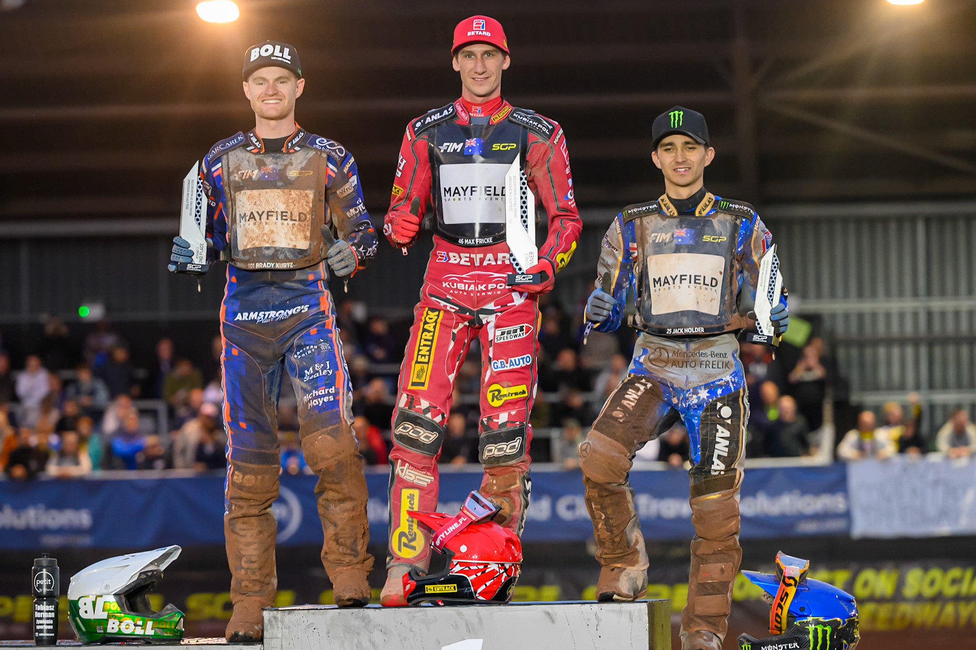 Top3: (L to R) Brady Kurtz (2nd), Max Fricke (Winner), Jack Holder (3rd)   during the ATPI  FIM Speedway GP of Manchester at the National Speedway Stadium, Manchester on Friday 5th June 2026. (Photo: Ian Charles | MI News)