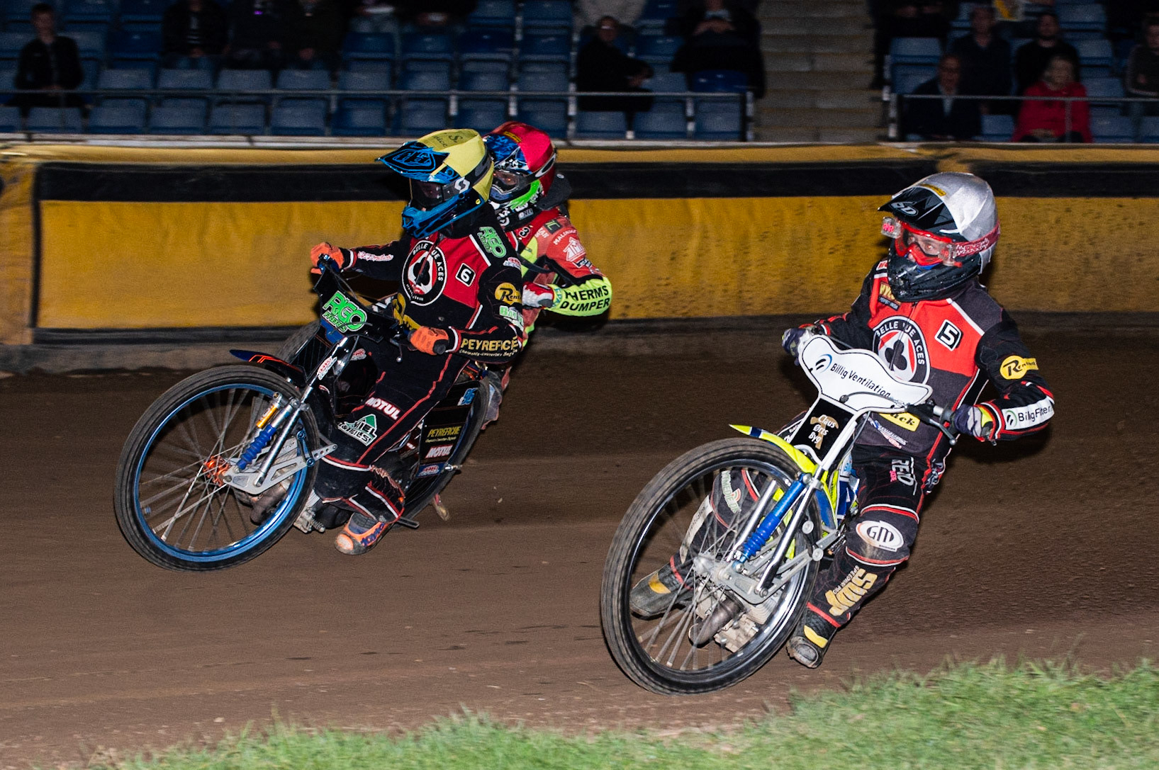 Photo by Ian Charles:

Kenneth Bjerre  (White) and Dimitri Bergé  (Yellow) inside Hans Andersen  (Red)

Peterborough Panthers v Belle Vue Aces, British Speedway Premiership, Thursday, 5, September, 2019
