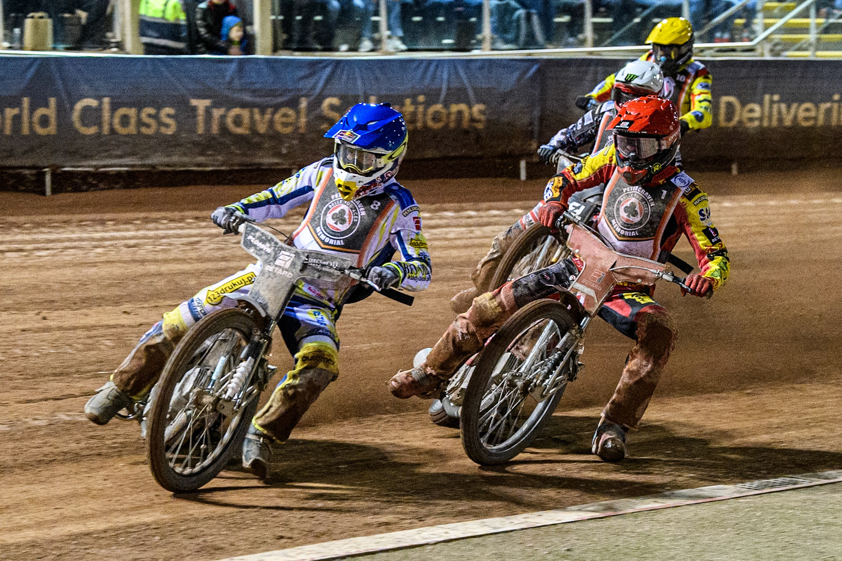 Maciej Janowski in Blue leading Max Fricke in Red Freddie Lindgren in White and Matej Zagar in Yellow during the Peter Craven Memorial Trophy at the National Speedway Stadium, Manchester on Monday 17th March 2025. (Photo: Ian Charles | MI News)