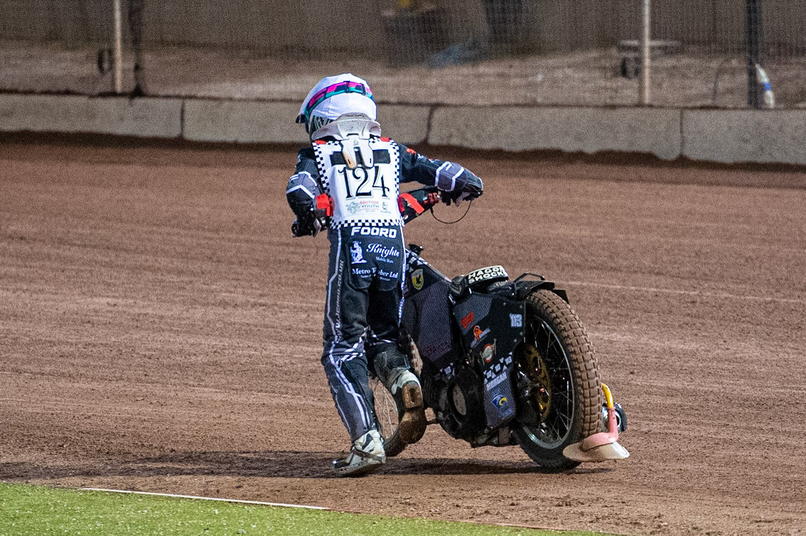 Photo: Ian CharlesVinnie Foord suffered an engine failure on the final turn so pushed his bike home for the 3rd place point (500cc B Class) British Youth Speedway Championship (Round 5), National Speedway Stadium, Manchester Saturday  10  October  2020