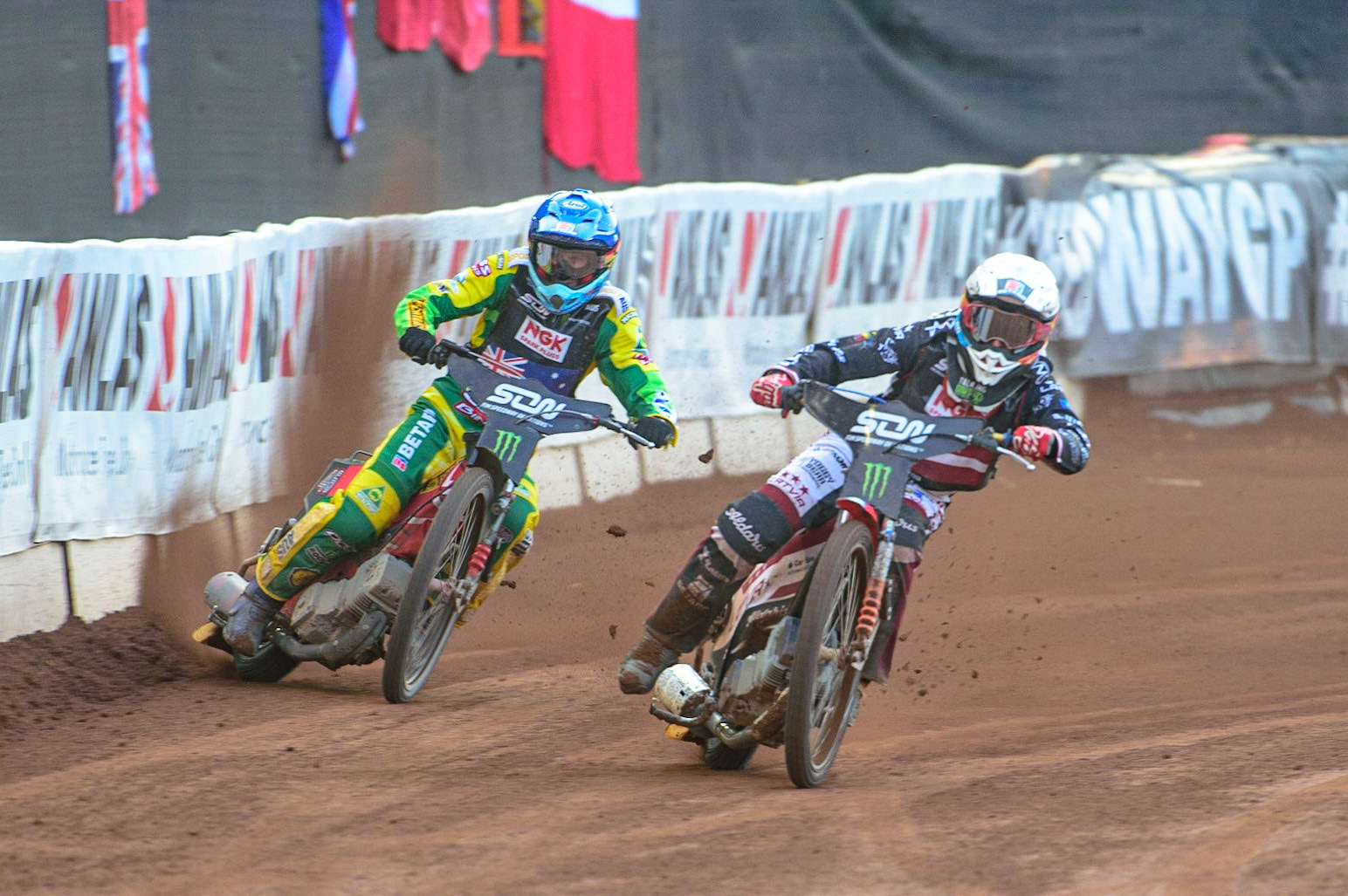MANCHESTER, UK. OCT 16TH Andzejs Lebedevs of Latvia (White) passes Max Fricke of Australia (Blue) during the Monster Energy FIM Speedway of Nations at the National Speedway Stadium, Manchester on Saturday  16th October 2021. (Credit: Ian Charles | MI News)