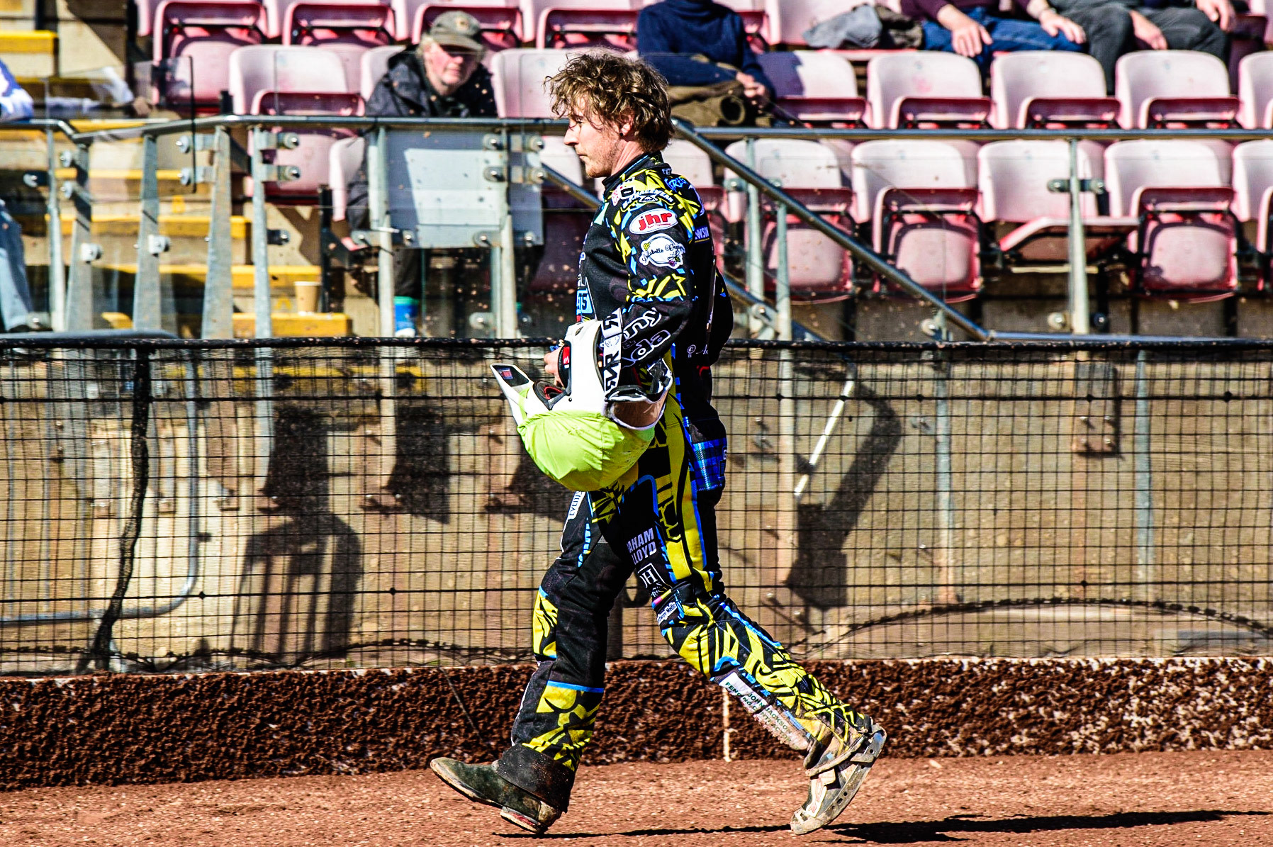 Greg Blair  runs back to the pits after his machine breakdown during the National Development League match between Belle Vue Colts and Berwick Bullets at the National Speedway Stadium, Manchester on Friday 7th April 2023. (Photo: Ian Charles | MI News)