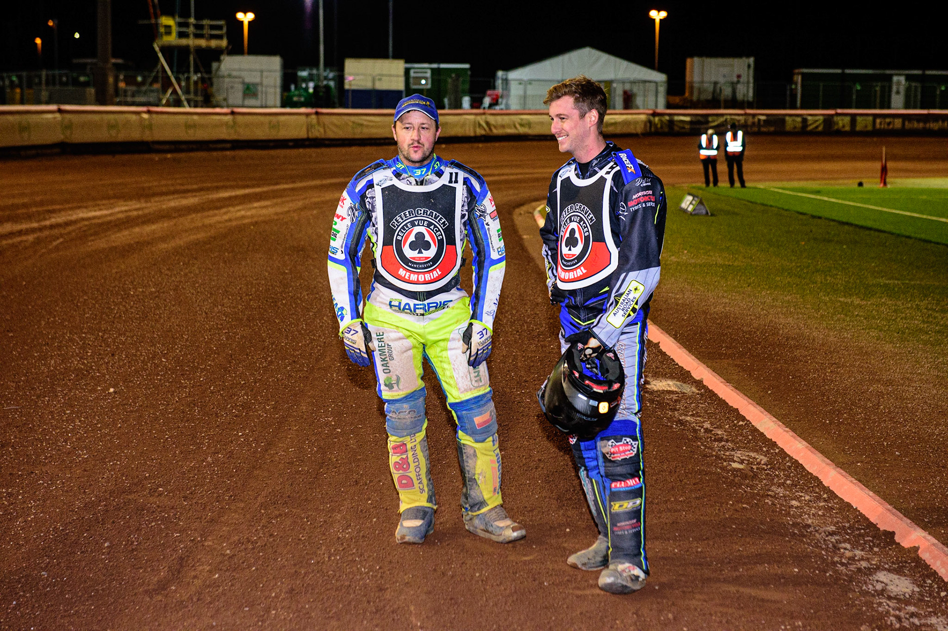 MANCHESTER, UK. OCT 23RD  Chris Harris  (left) and Ryan Douglas  wait their turn to pick their gates during the Peter Craven Memorial Trophy event at the National Speedway Stadium, Manchester on Saturday 23rd October 2021. (Credit: Ian Charles | MI News)