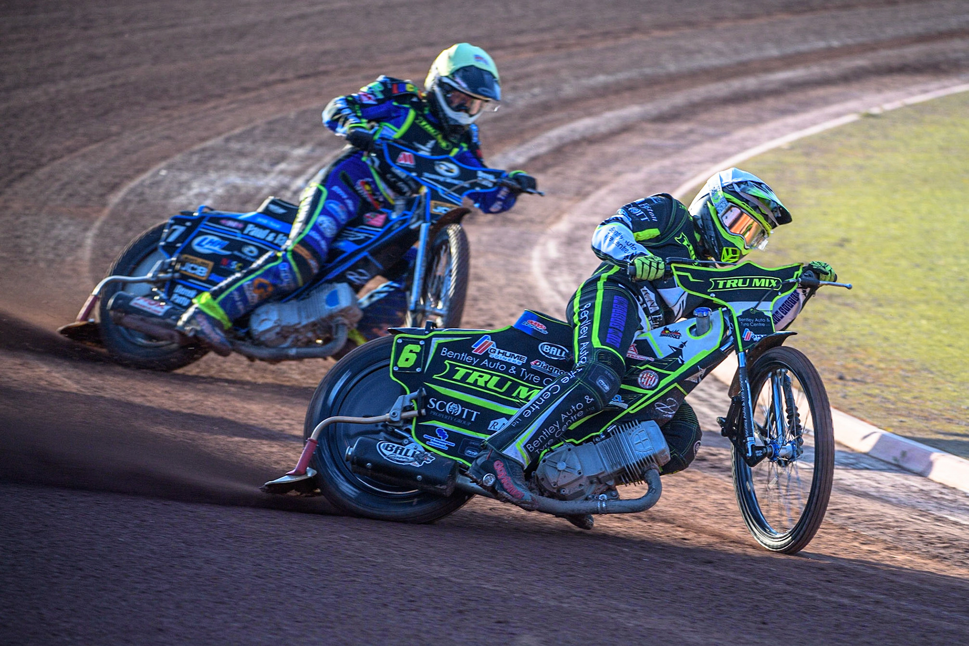 Danyon Hume  (White) leads team mate Joe Thompson (Yellow) during the Sports Insure Premiership match between Belle Vue Aces and Ipswich Witches at the National Speedway Stadium, Manchester on Monday 5th June 2023. (Photo: Ian Charles | MI News)