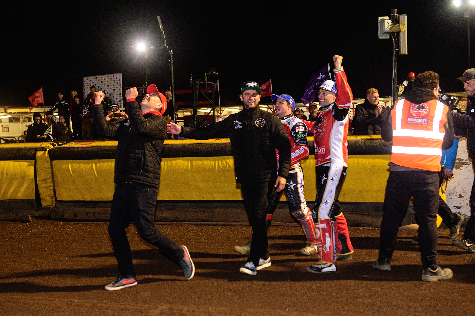 PETERBOROUGH, UK. OCT 14TH Rob Lyon  leads the celebrations as the Panthers win the meeting during the SGB Premiership Grand Final 2nd leg between Peterborough and Belle Vue Aces at East of England Showground, Peterborough on Thursday 14th October 2021. (Credit: Ian Charles | MI News)