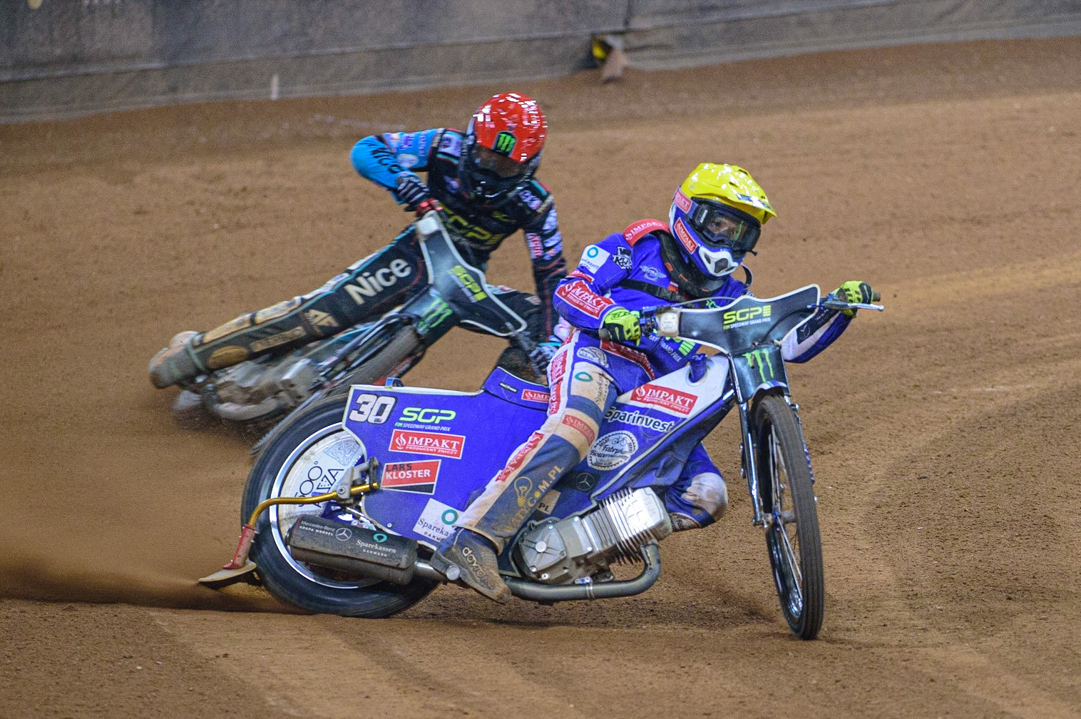 Leon Madsen (30) (Yellow) leads 323\ (Red) during the FIM  Speedway Grand Prix of Great Britain at the Principality Stadium, Cardiff on Saturday 13th August 2022. (Credit: Ian Charles | MI News