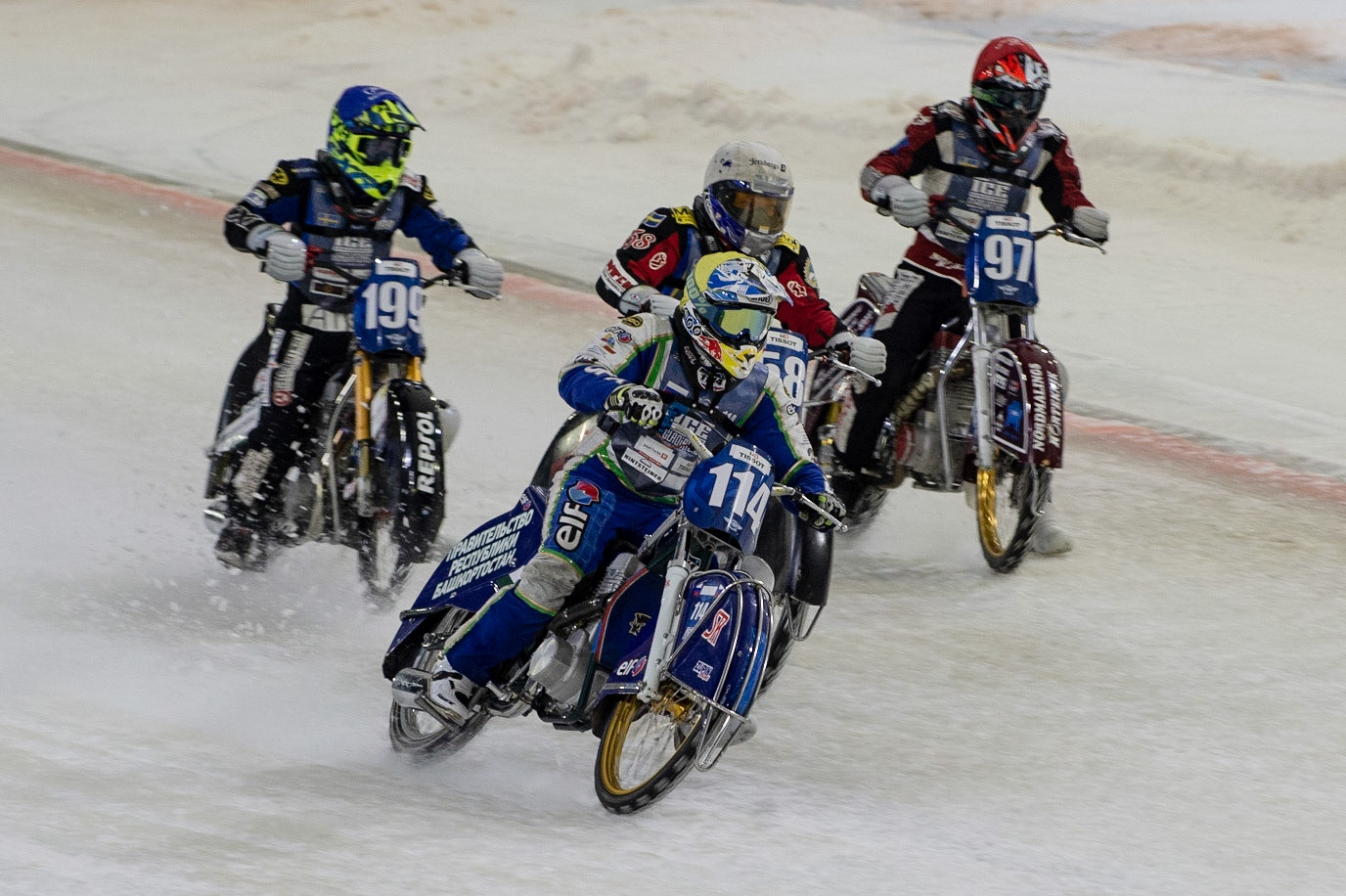 Photo: Ian Charles

Dinar Valeev (114) cuts across Stefan Svensson (58) and Ove Ledström (97) with Martin Haarahiltunen (199) behind

FIM Ice Speedway Gladiators World Championship, Event 5.1, Ice Rink Thialf, Heerenveen, Netherlands Saturday  30  March  2019