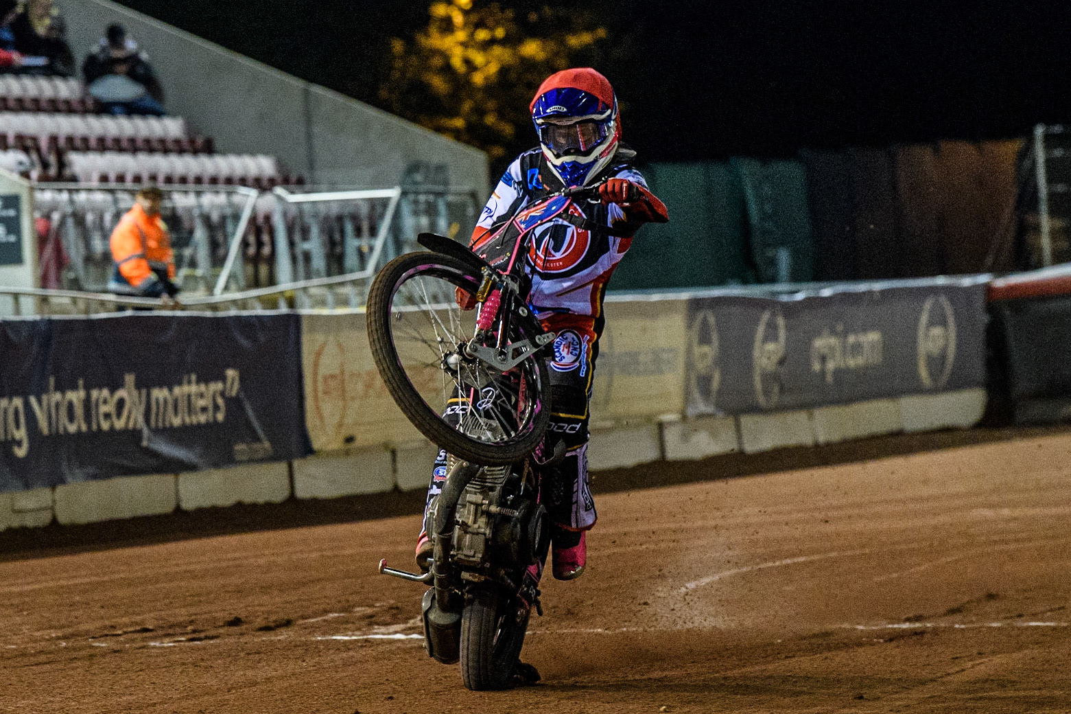 James Pearson  celebrates with a wheelie during the National Development League match between Belle Vue Colts and Oxford Chargers at the National Speedway Stadium, Manchester on Friday 12th May 2023. (Photo: Ian Charles | MI News)