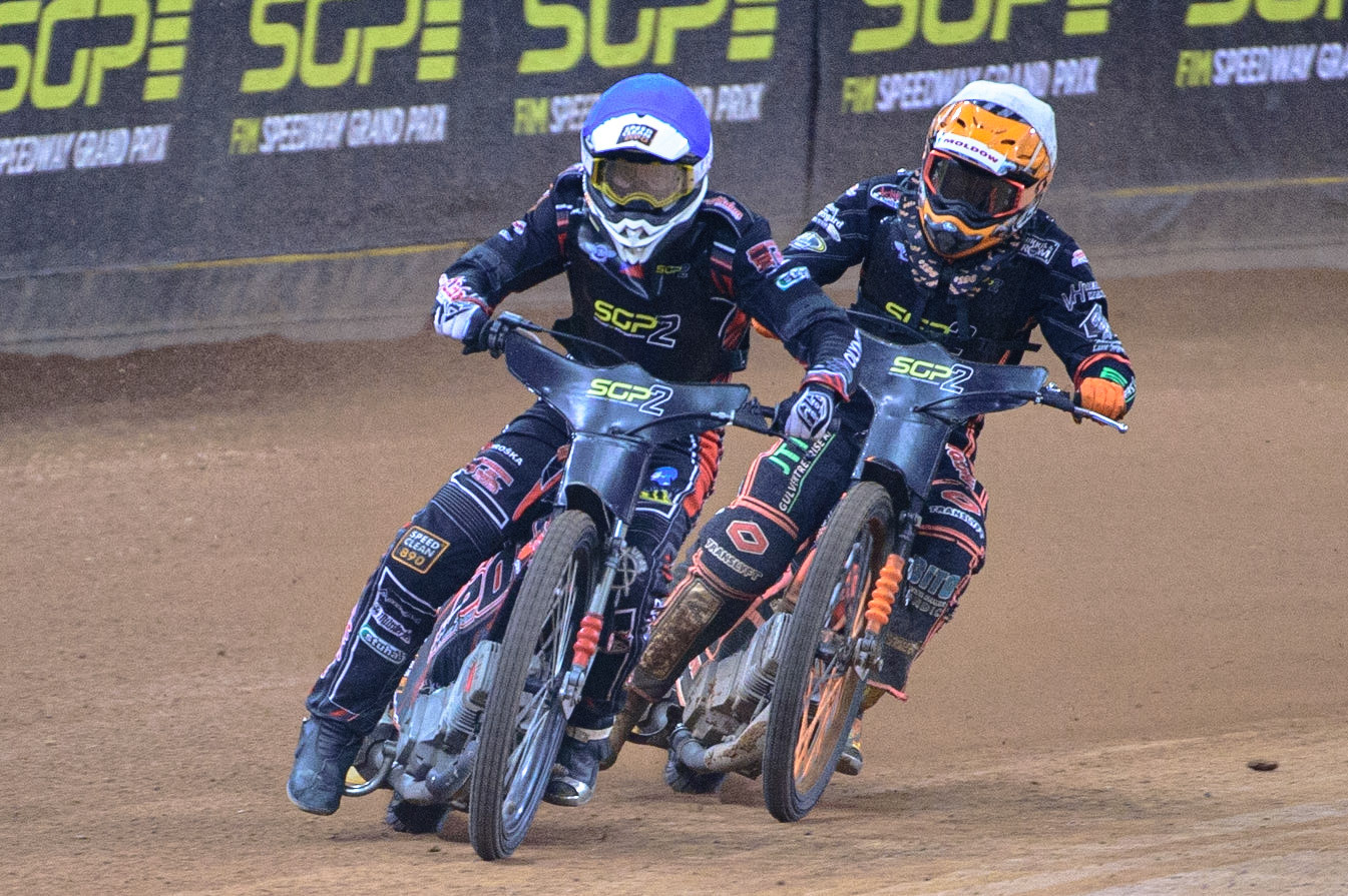 Jan Kvech (Czech Republic)  (Blue) leads Kevin Juhl Pedersen (Denmark)  (White) during the FIM  Speedway Grand Prix  2 of Great Britain at the Principality Stadium, Cardiff on Sunday 14th August 2022. (Credit: Ian Charles | MI News)
