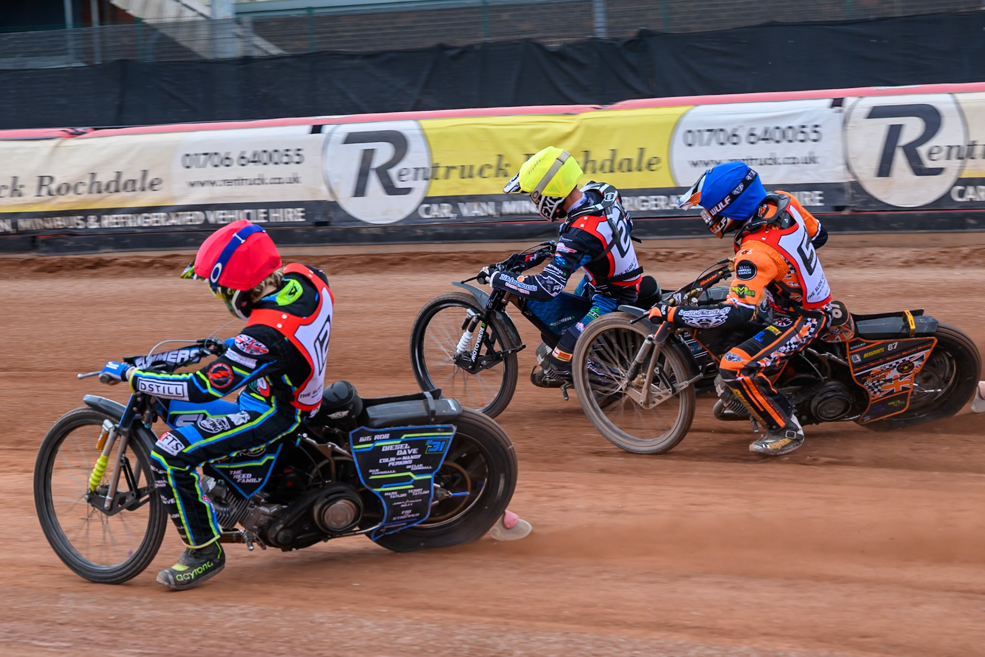 JR ASHWORTH &amp; SONS COLTS ACADEMY INDIVIDUALSenna Summers  in Red rides inside Mickie Simpson in Blue and Freddy Hodder in Yellow during the JR Ashworth &amp; Sons Colts Individual at the National Speedway Stadium, Manchester on Sunday 10th May 2026. (Photo: Ian Charles | MI News)
