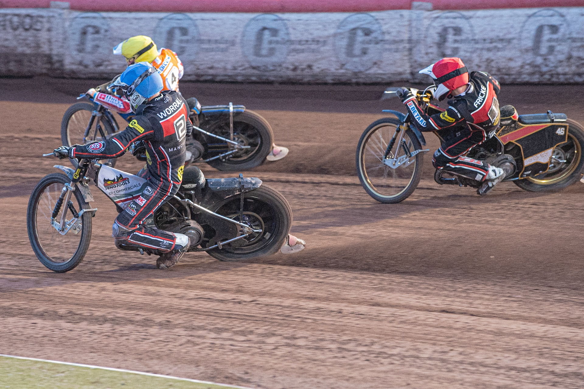 Photo by Ian Charles

Steve Worrall  (Blue) and Max Fricke  (Red) chase Rasmus Jensen  (Yellow)


Belle Vue Aces v Swindon Robins, British Speedway Premiership, Belle Vue National Speedway Stadium, Manchester, Monday 12  August  2019