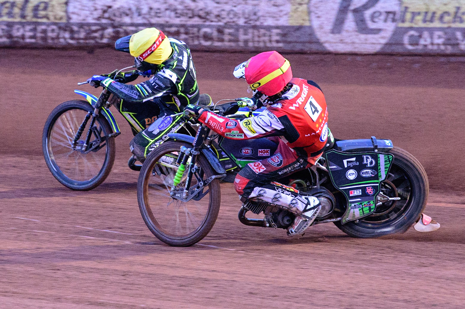 MANCHESTER, UK. JUN 6TH  Charles Wright  (Red) chases Danyon Hume  (Yellow) during the SGB Premiership match between Belle Vue Aces and Ipswich Witches at the National Speedway Stadium, Manchester on Monday 6th June 2022. (Credit: Ian Charles | MI News)