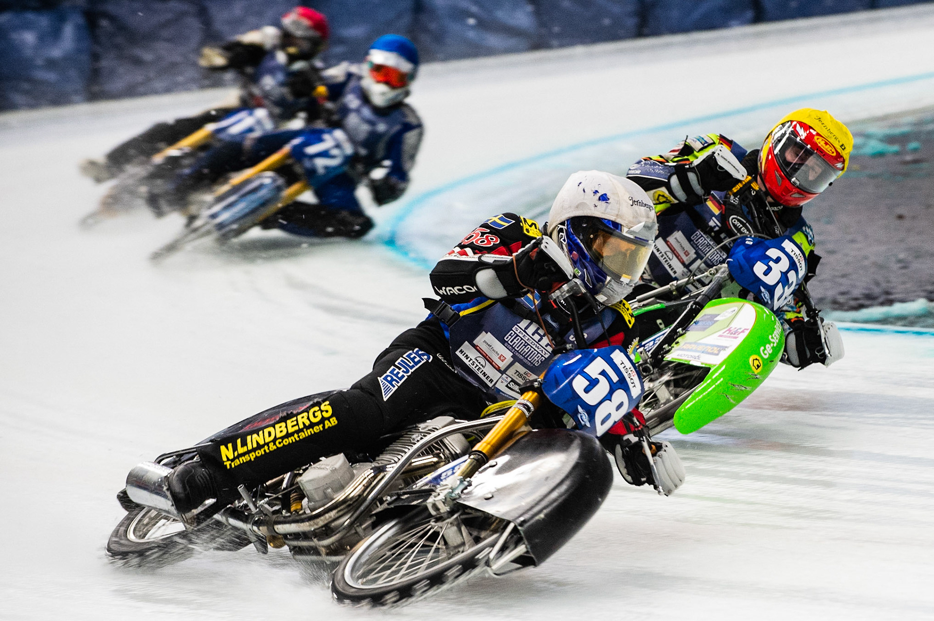 Photo: Ian Charles

Stefan Svensson (58) leads Johann Weber (33) Tomi Tani (72) (Blue) and Franz Mayerbüchler (17) (Red) 

FIM Ice Speedway Gladiators World Championship, Event 4.1, Max-Aicher-Arena, Inzell, Germany, Saturday 16 March 2019
