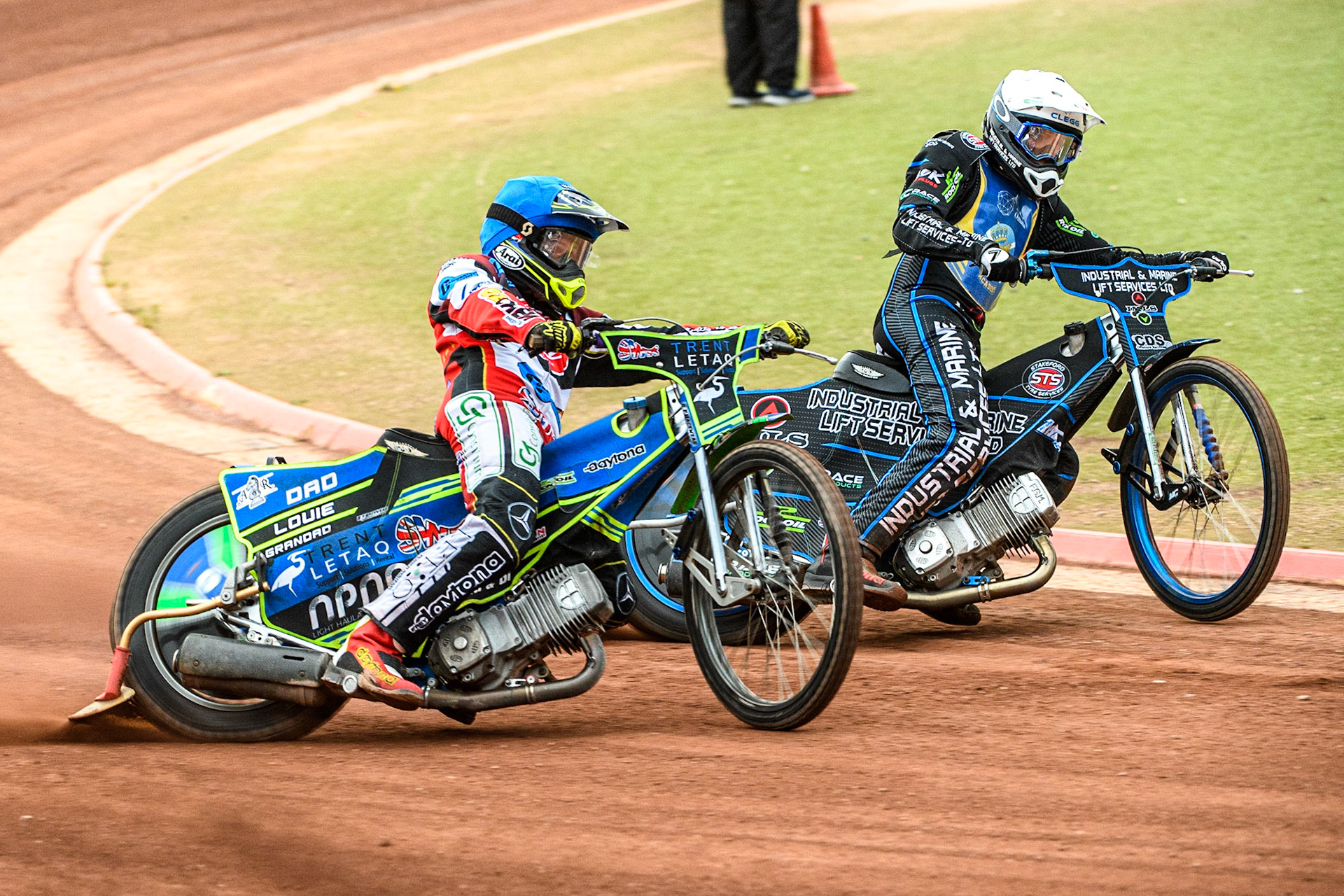 Luke Muff (Blue) outside Max Clegg (White) during the National Development League match between Belle Vue Colts and Edinburgh Monarchs Academy at the National Speedway Stadium, Manchester on Friday 21st July 2023. (Photo: Ian Charles | MI News)